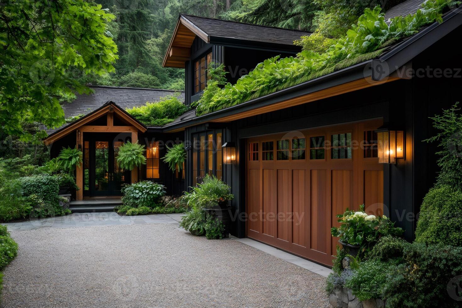 Luxurious modern house with green roof and wooden garage in forest setting photo