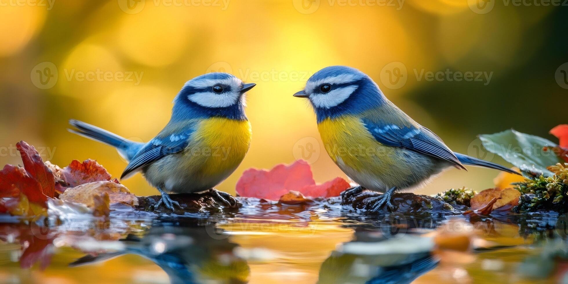 Two eurasian blue perching on pond edge with autumn leaves in golden hour light photo
