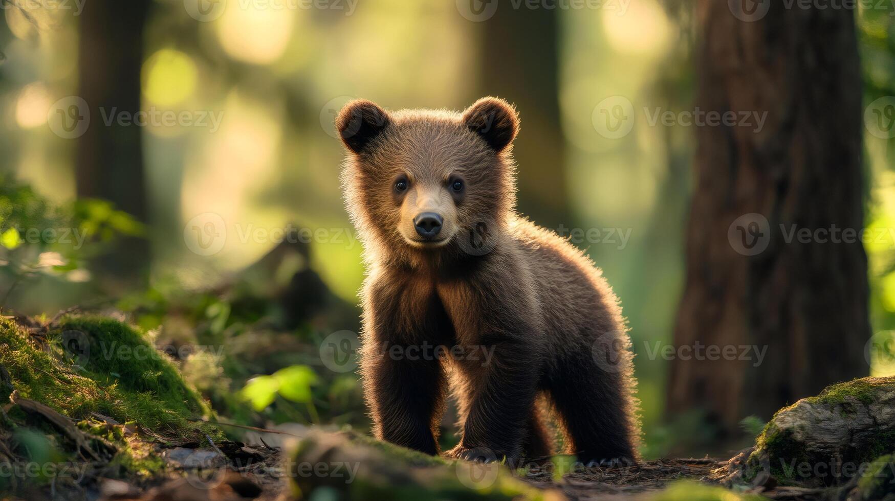 Brown bear cub exploring forest sunlight nature wildlife animal photo