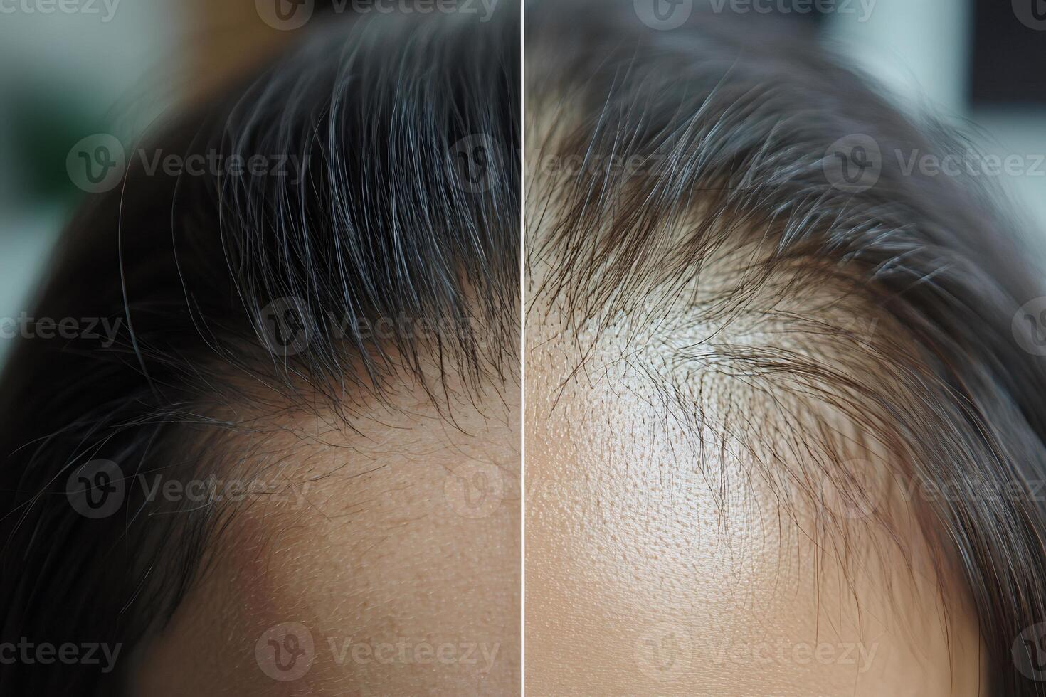 Woman showing scalp before and after hair treatment photo