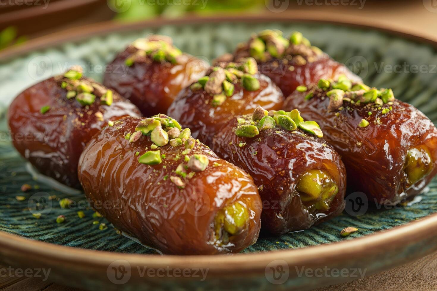 Delicious medjool dates stuffed with pistachio paste representing oriental cuisine photo