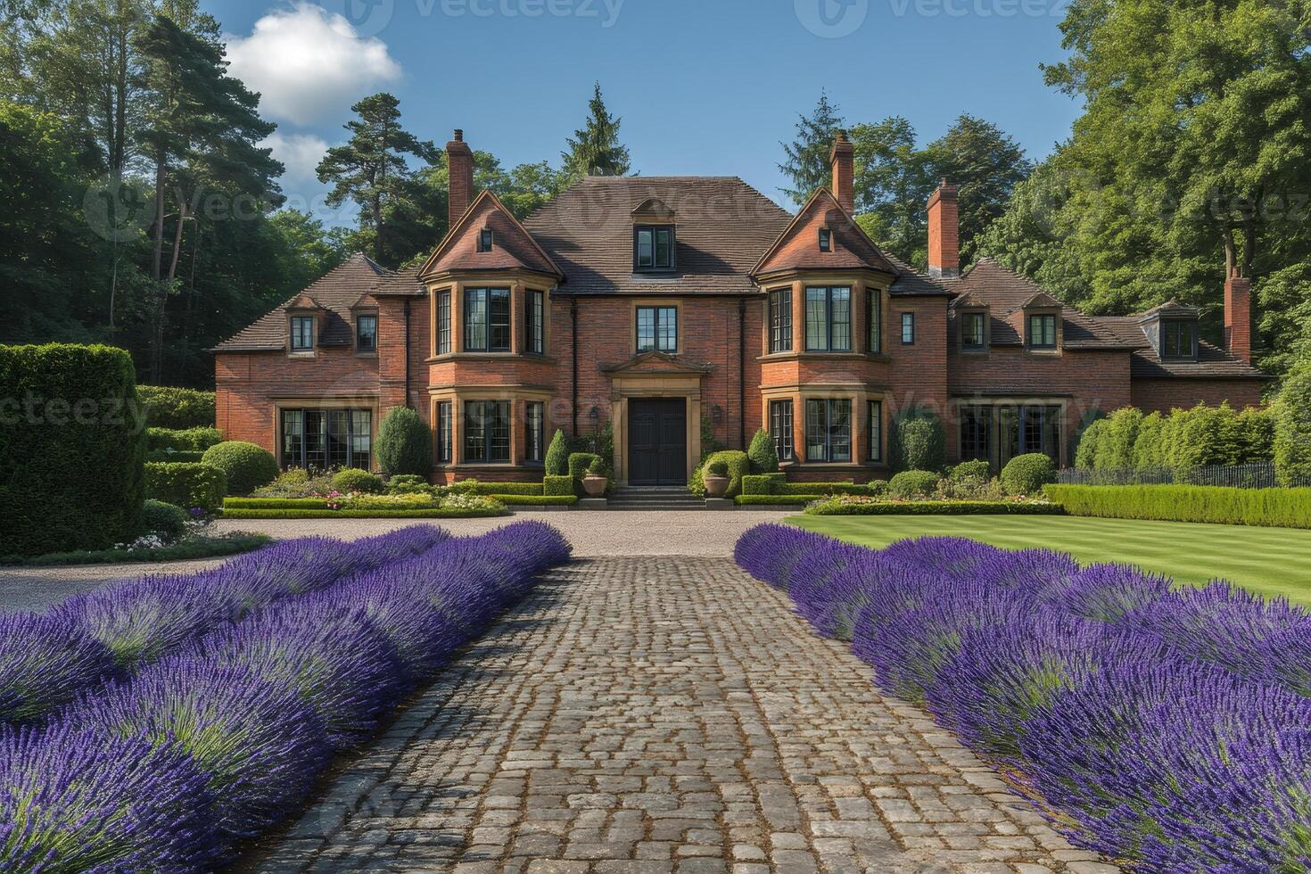Luxury brick house with lavender and cobblestone driveway on sunny day photo