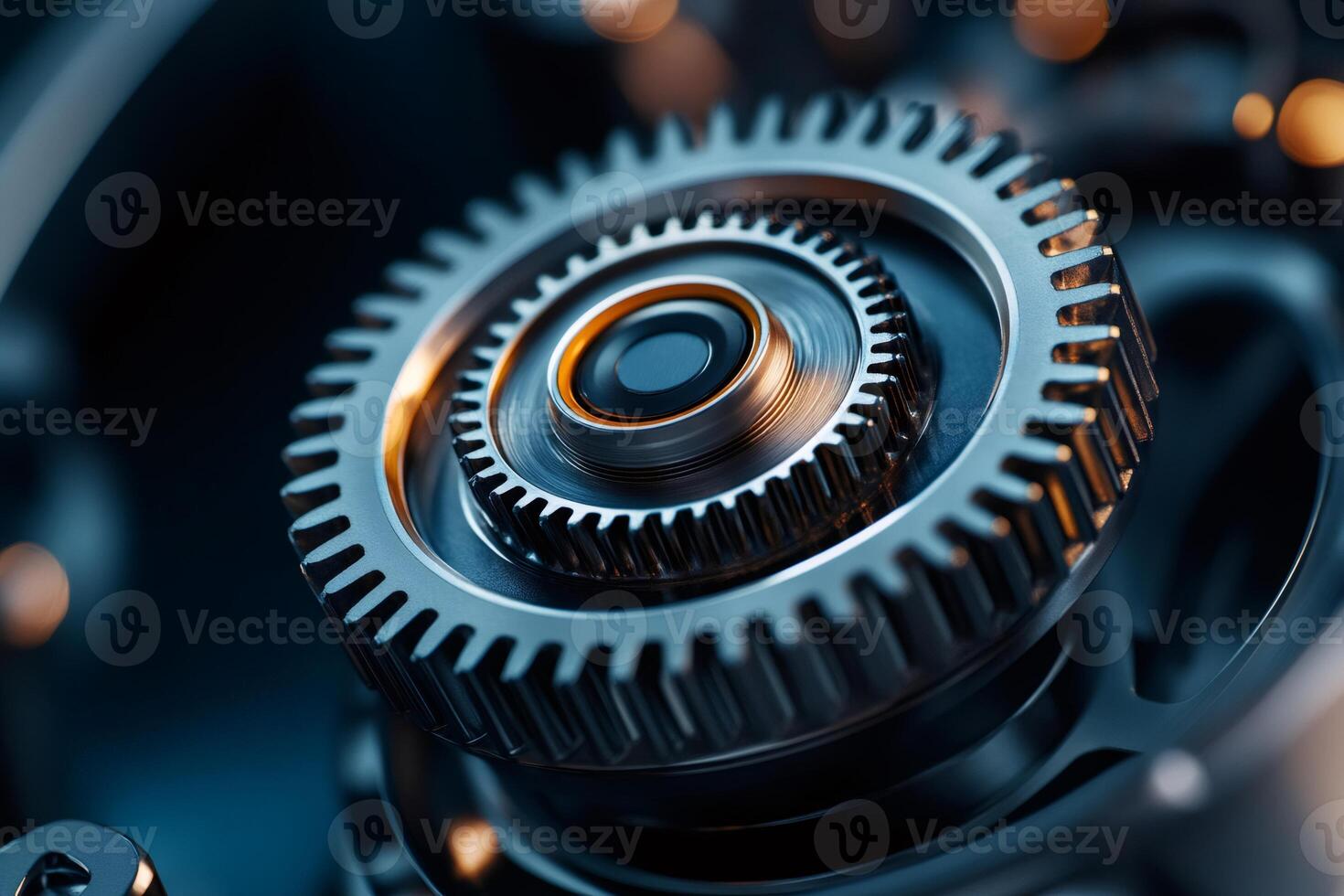 Close up view of interlocking gears rotating smoothly in a complex mechanism photo