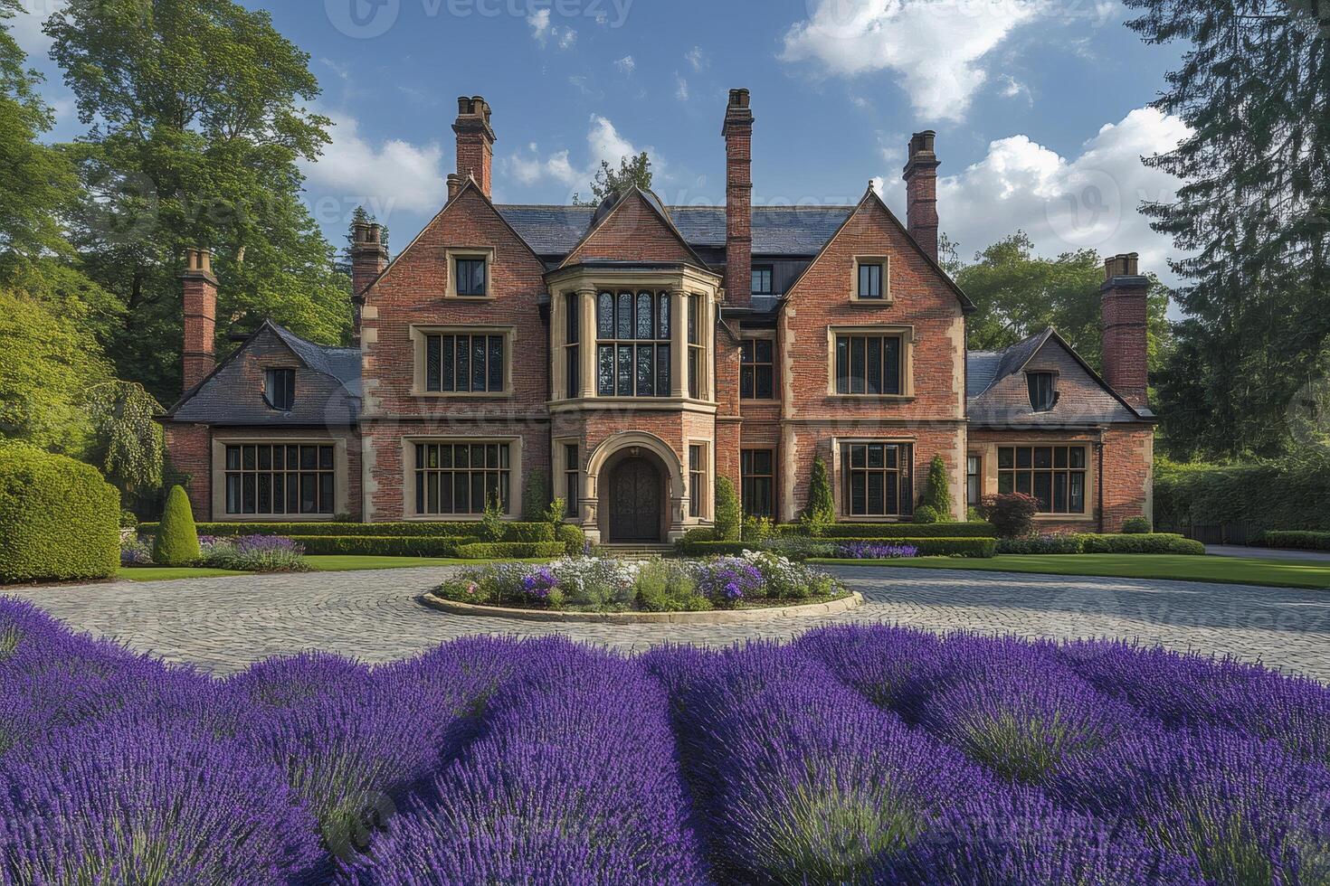 Large brick english manor house with lavender garden and circular driveway photo