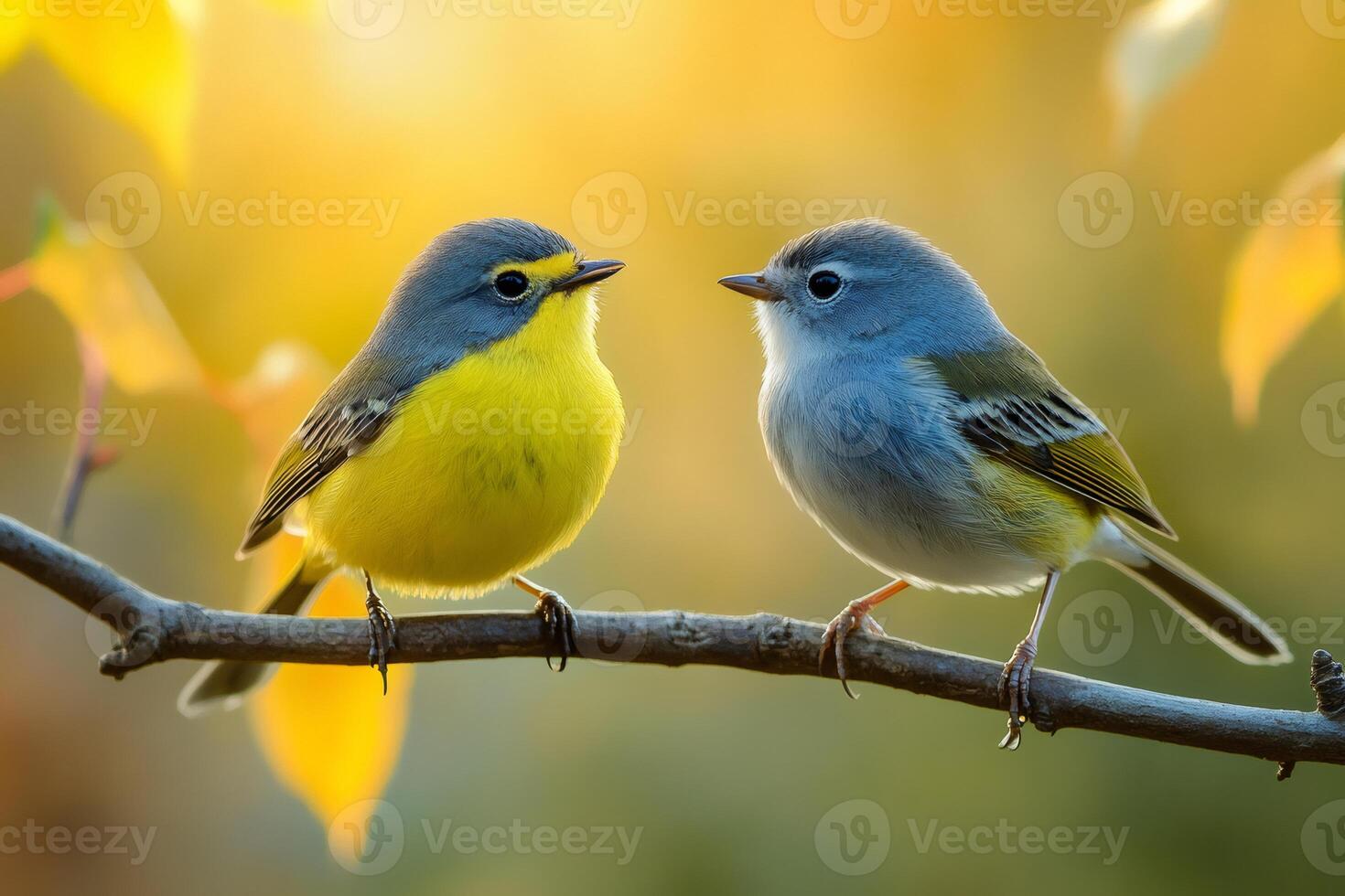 Tropical parula and nashville warbler perched on branch at sunset photo