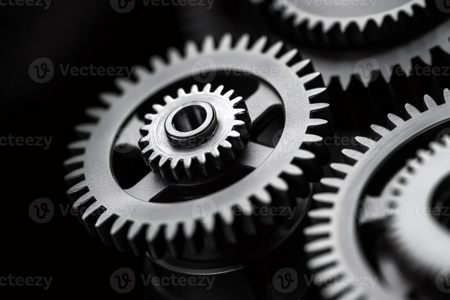 Close up view of interlocking metal gears working together photo
