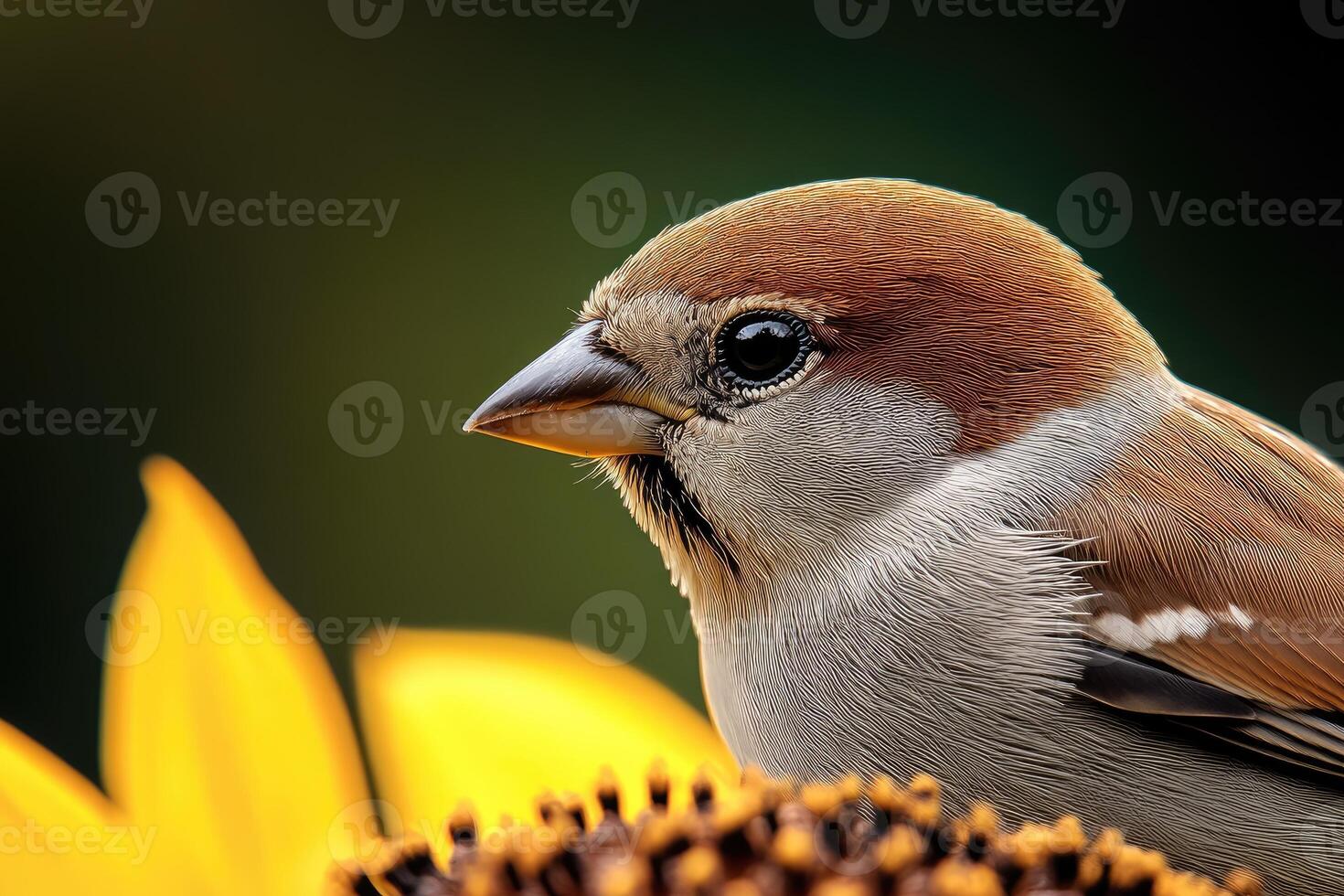 Small bird sitting on sunflower seeds enjoying the view photo