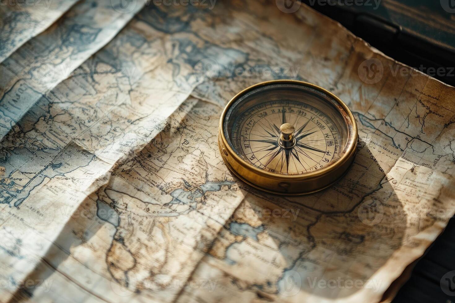 Old compass lying on antique world map showing the way to new adventures photo