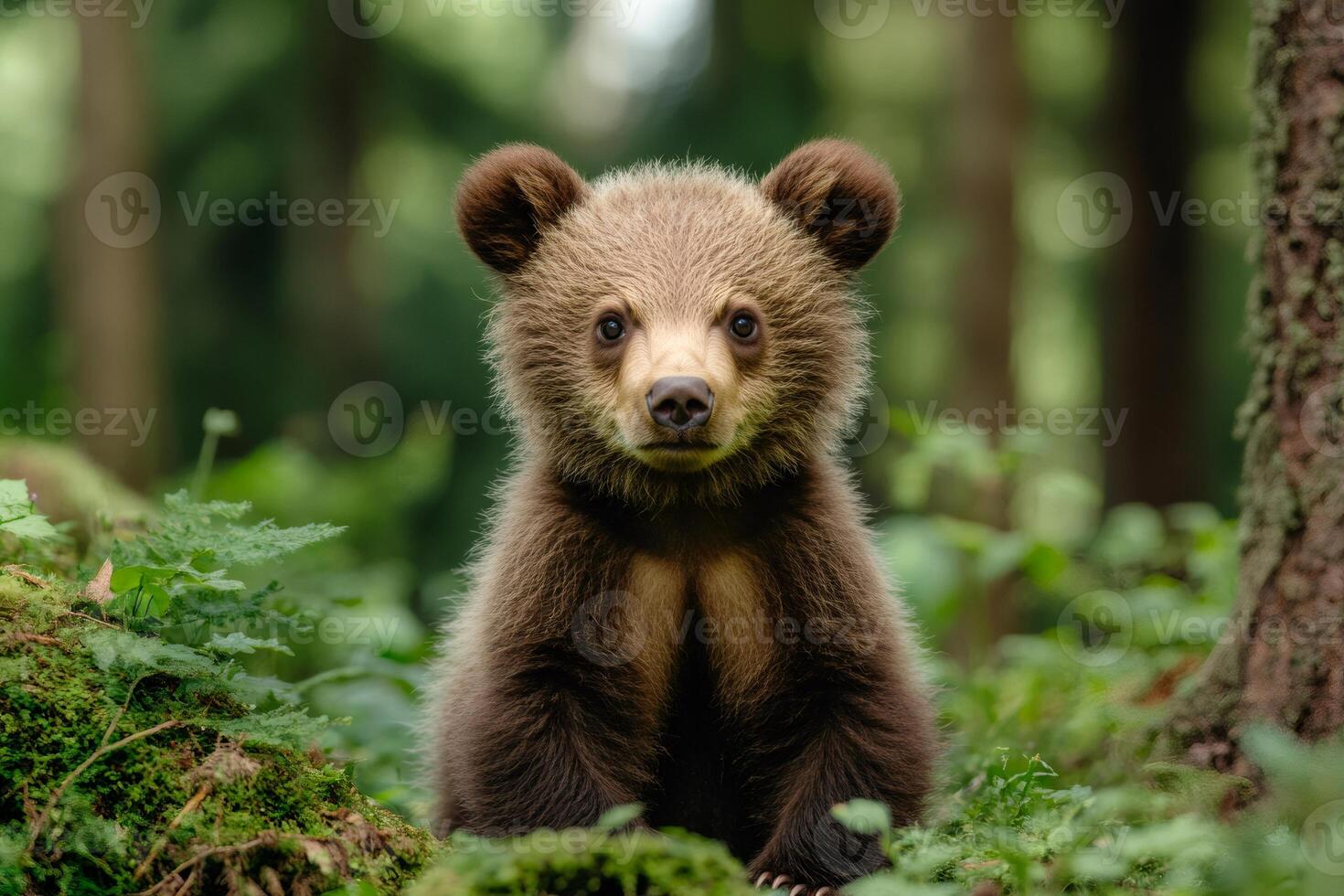 Brown bear cub sitting in lush green forest habitat photo