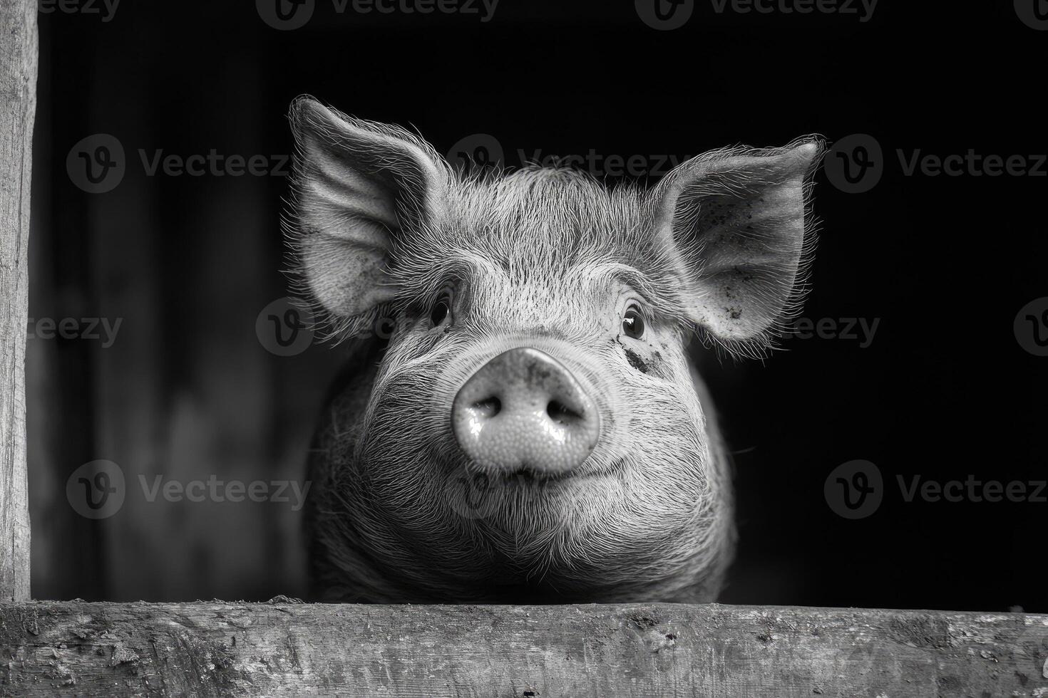 Pig resting head on wooden fence in black and white photo