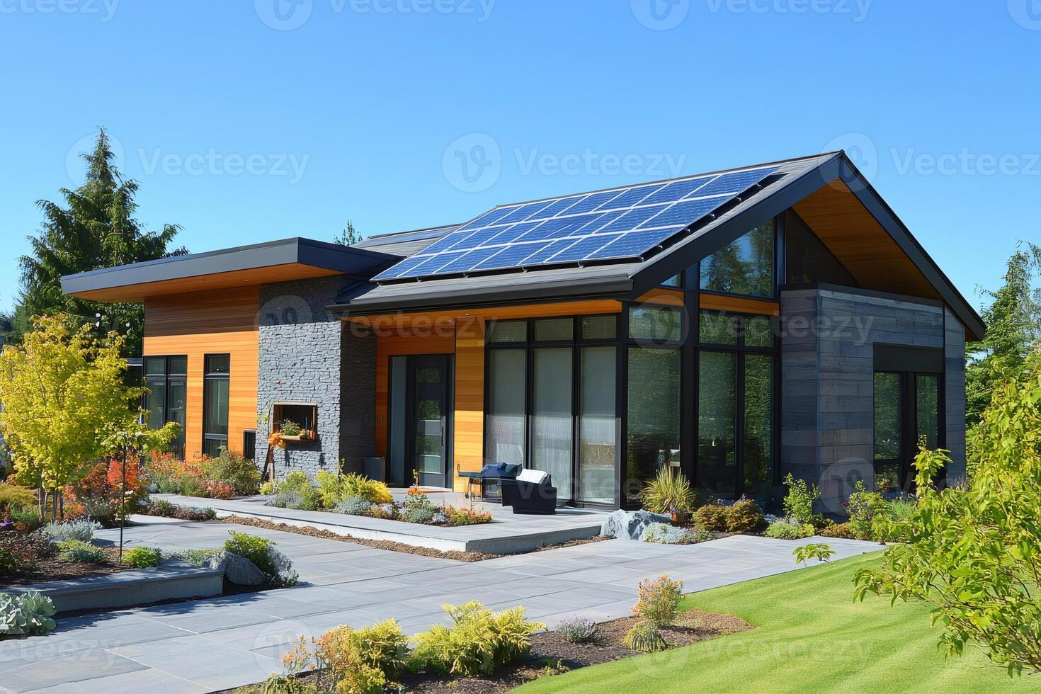 Modern sustainable home with solar panels generating green energy.. photo