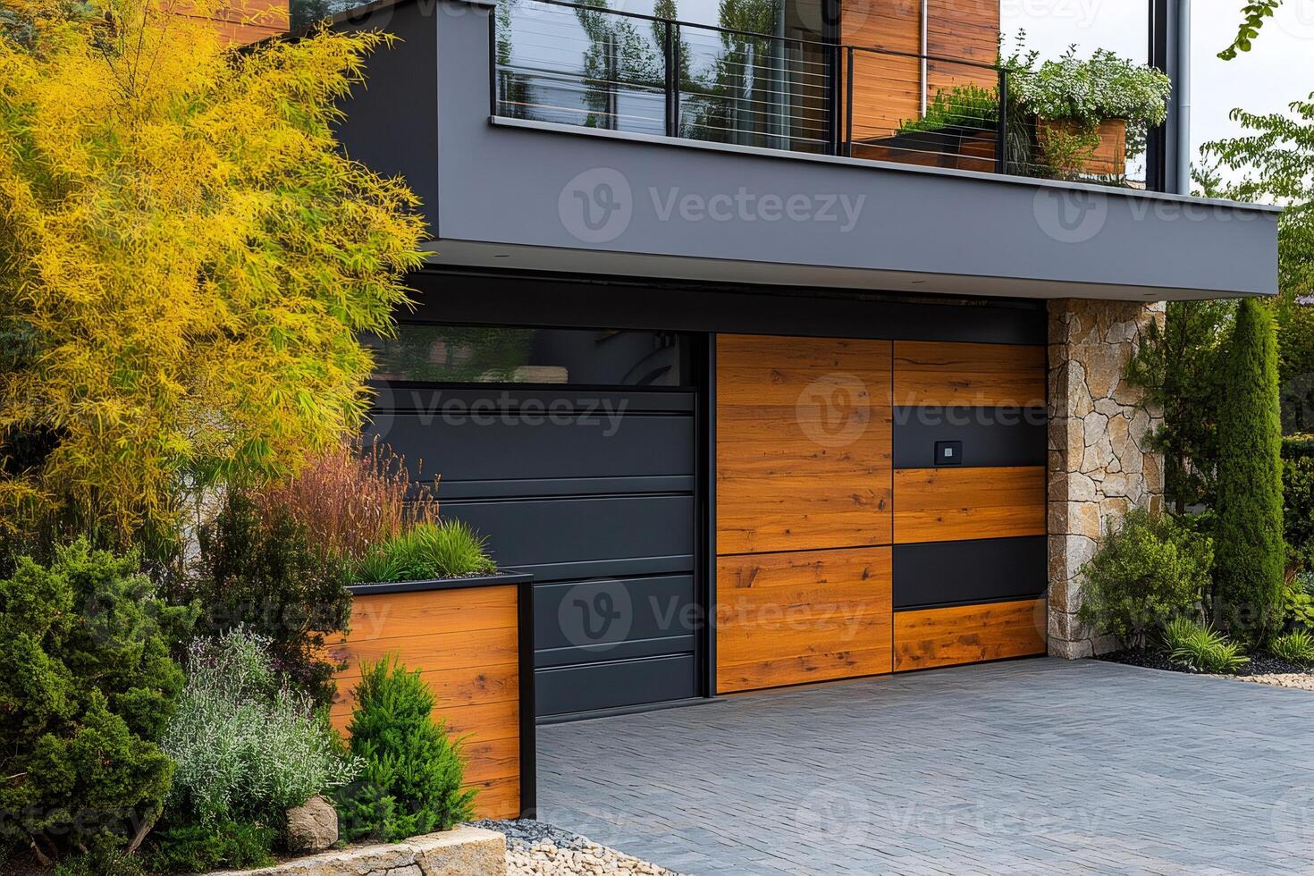 Modern garage door enhancing curb appeal of contemporary home photo