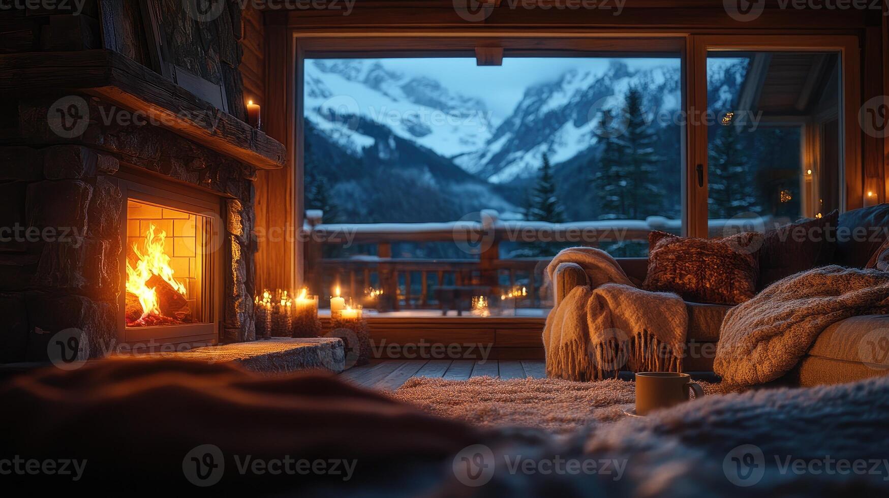 Burning fireplace warming cozy chalet living room overlooking snowy mountain view photo