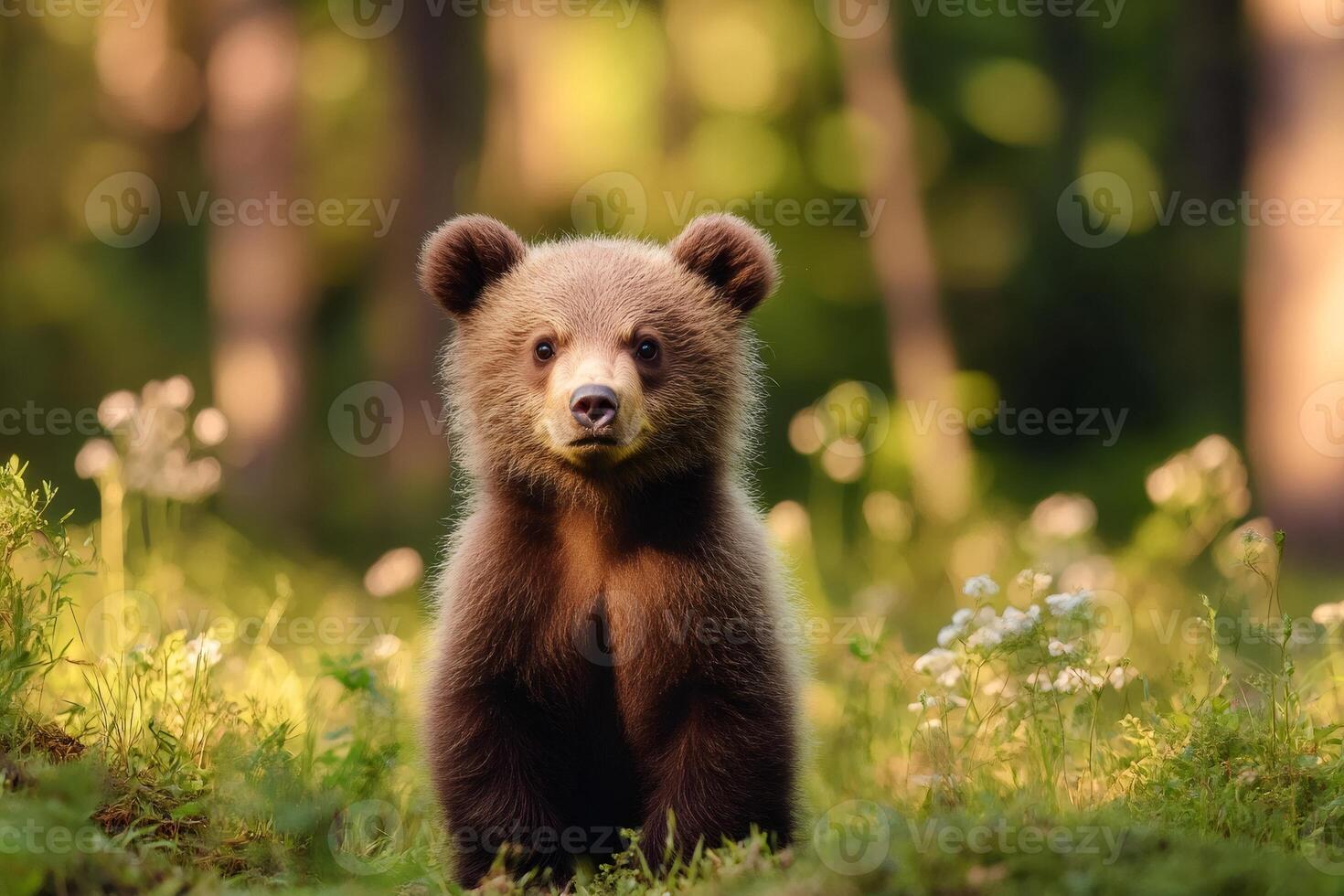 Brown bear cub sitting in forest meadow on sunny day photo
