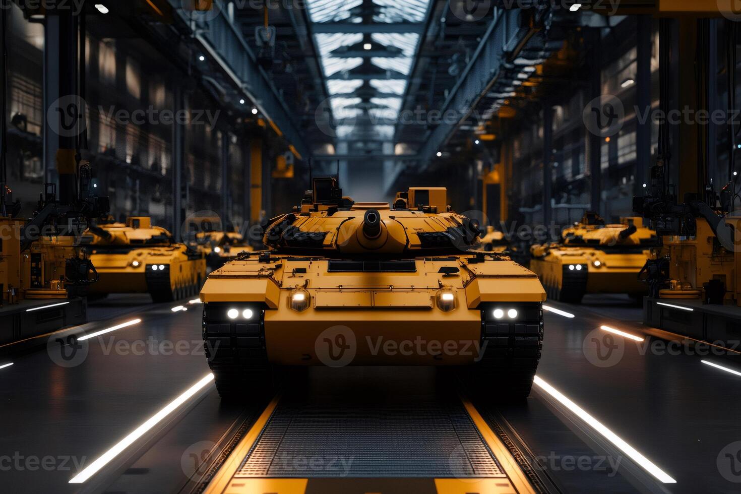 Yellow tanks leaving production line in modern factory photo