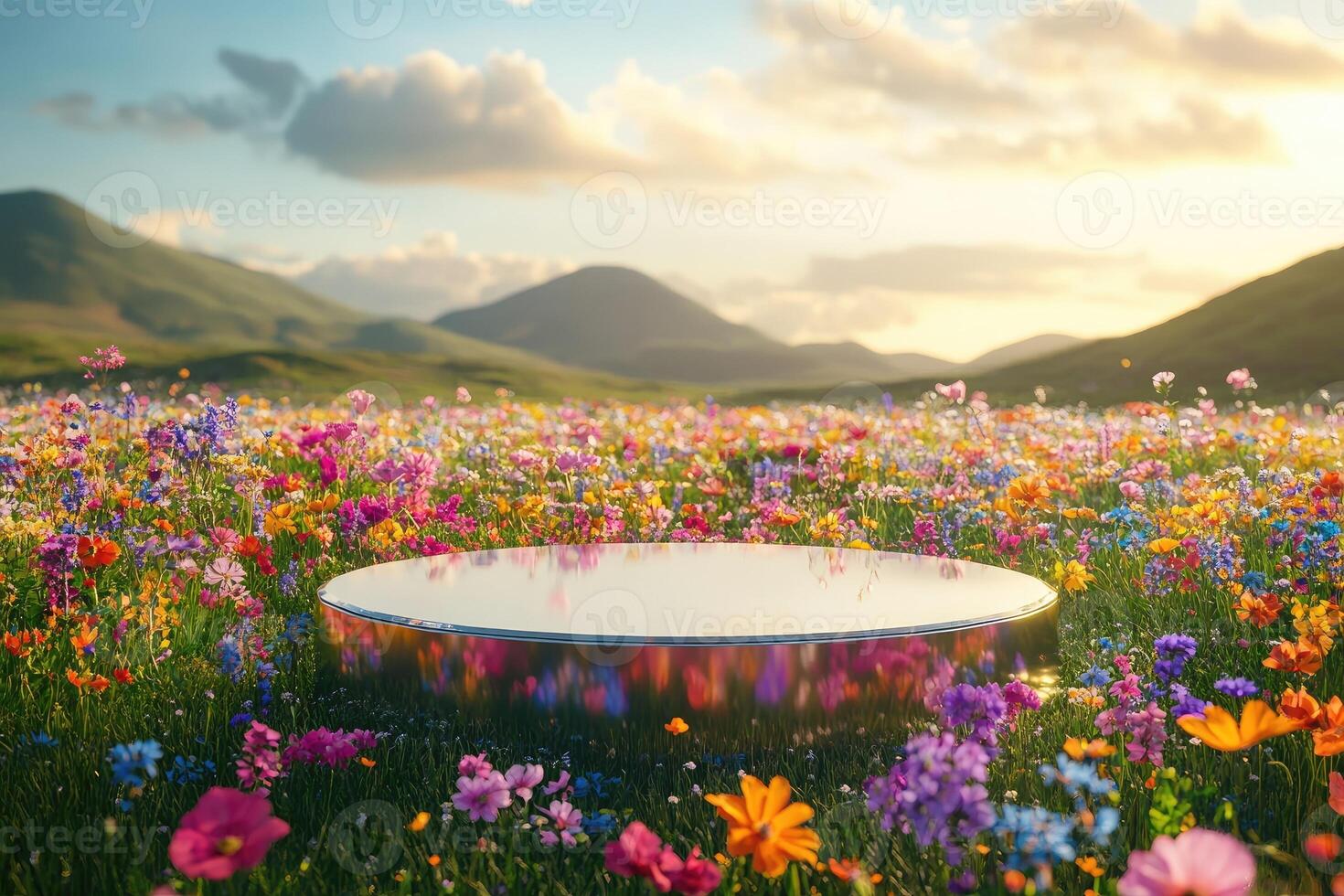 Round metallic podium showcasing products in a blooming flower field with mountain vista photo