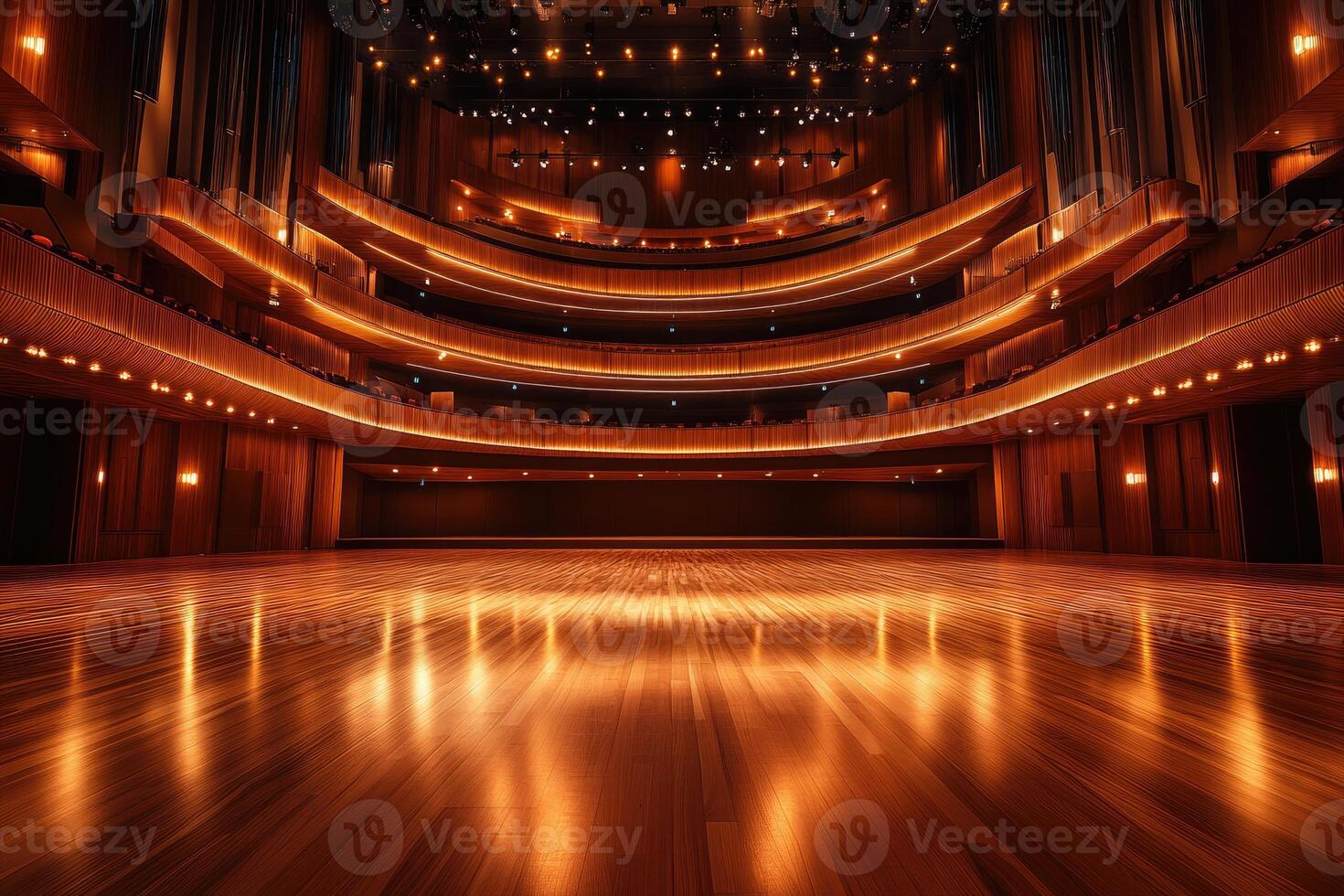 Empty auditorium with wooden stage and illuminated seating reflecting on polished floor photo