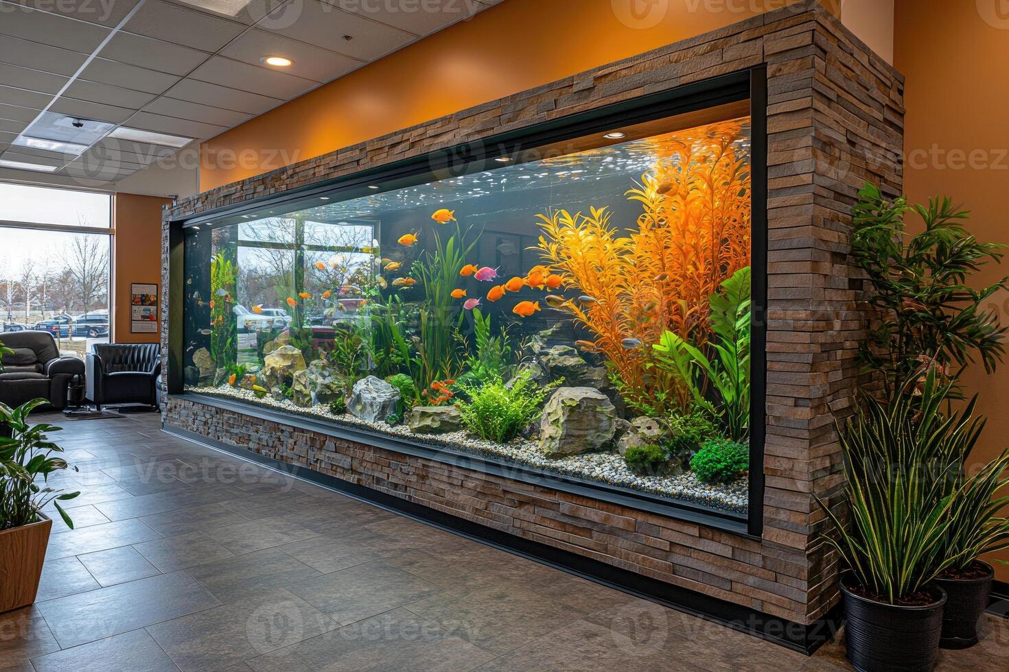 Large aquarium with exotic fish and plants creating a relaxing atmosphere in modern office photo