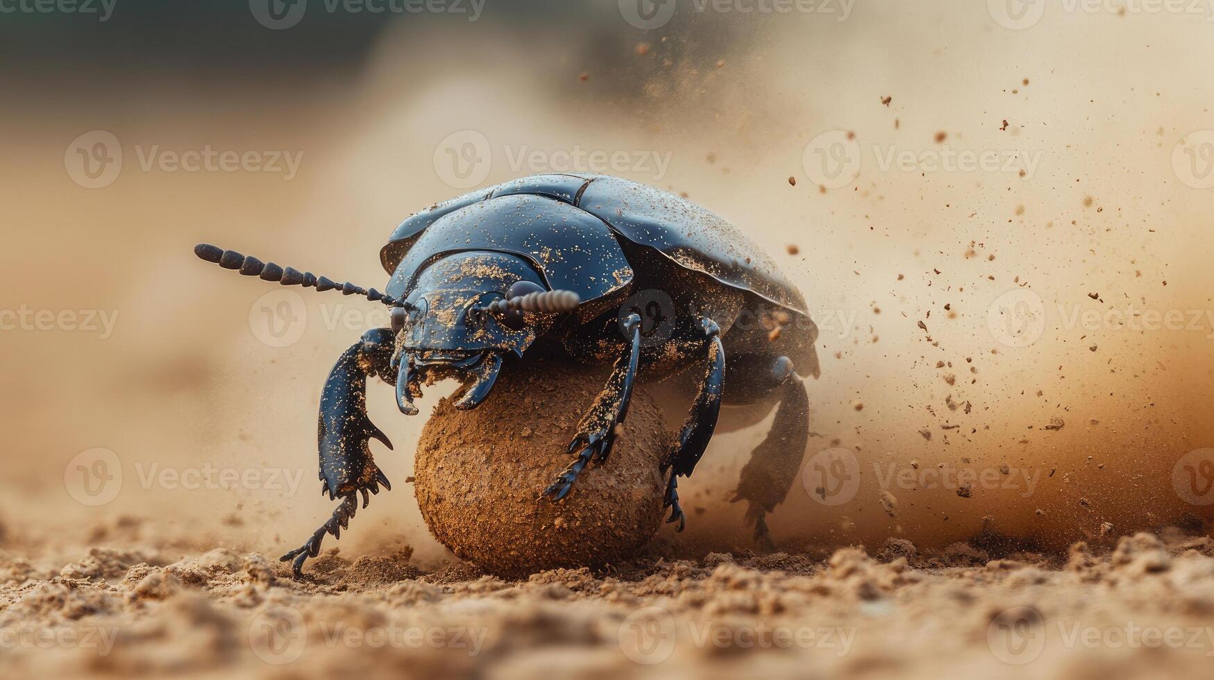 Earth boring dung beetle rolling ball of dung on sand photo