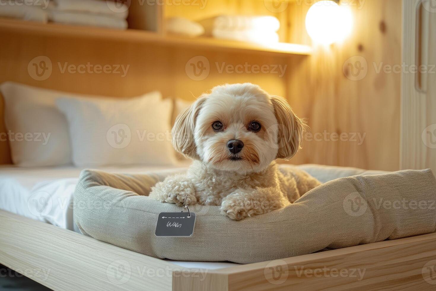Small dog relaxing in dog bed on hotel room bed photo