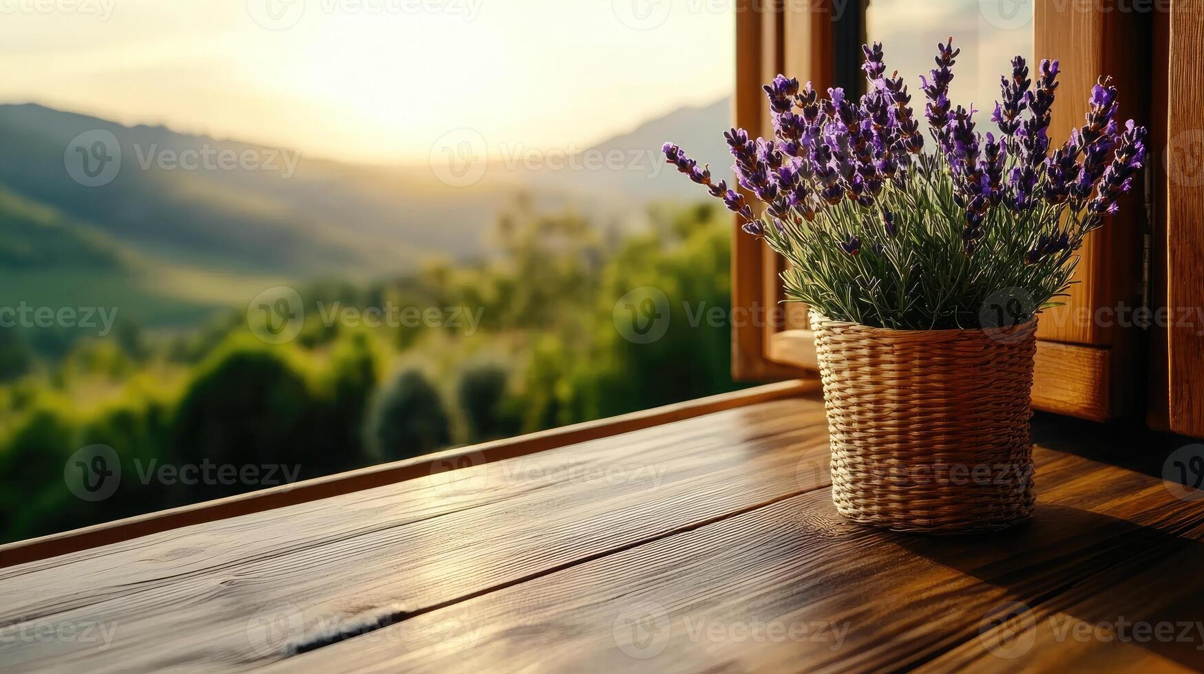 Lavender flowers enjoying golden hour sunlight on wooden table by open window with mountain view photo