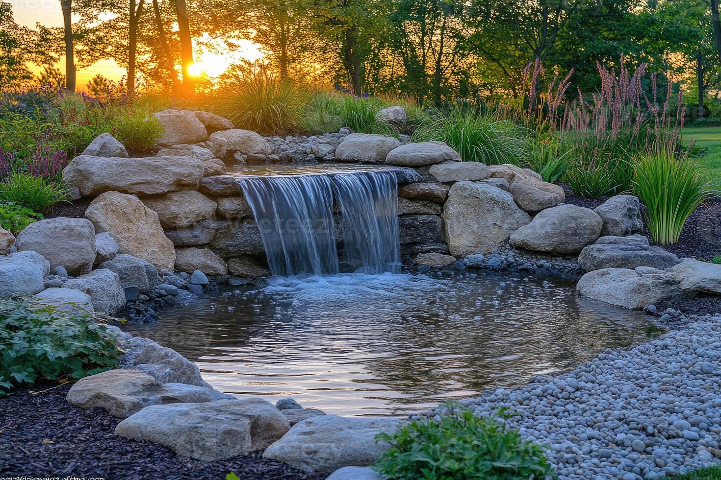 Cascading waterfall enhancing tranquil backyard pond at sunset photo