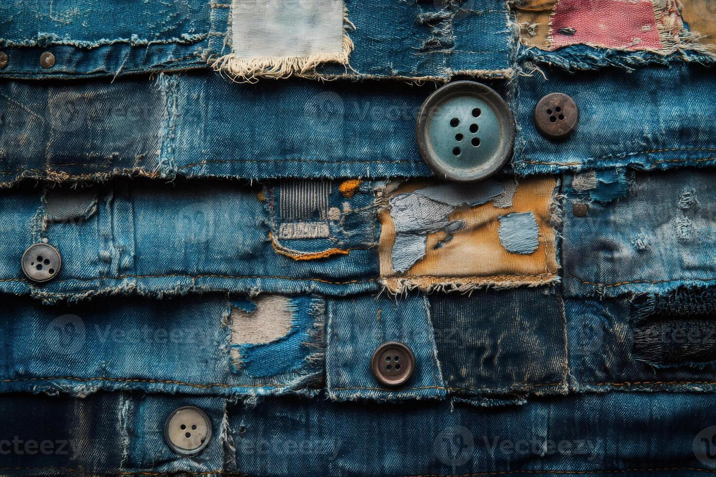 Denim upcycling project showing stitched patches and buttons photo