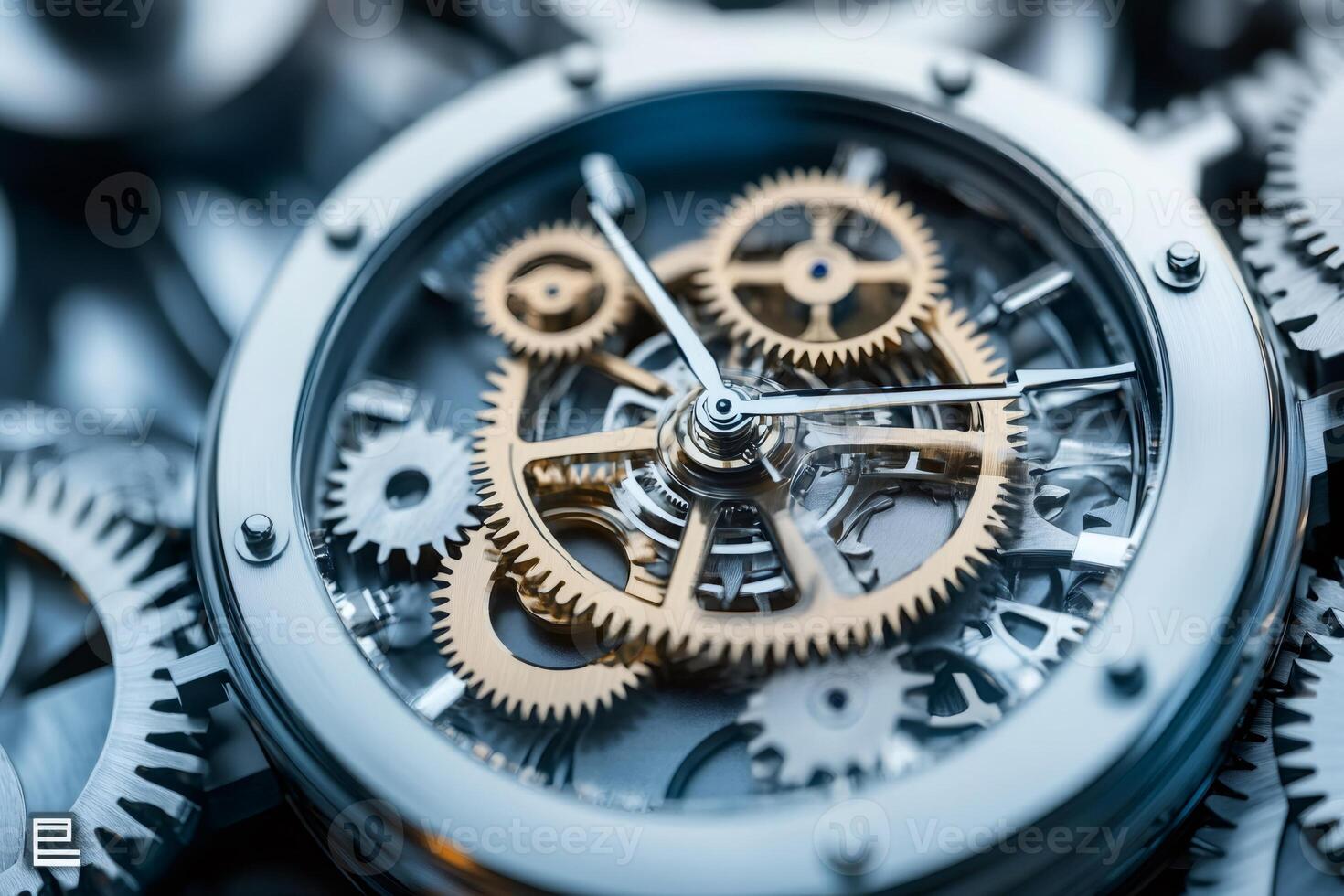 Intricate clockwork mechanism with gears turning and interlocking photo