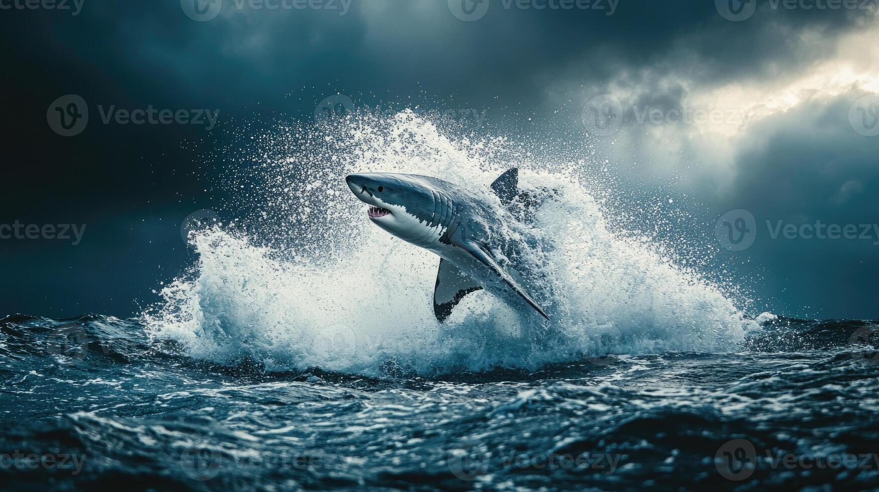 Great white shark jumping out of the water with dramatic sky photo