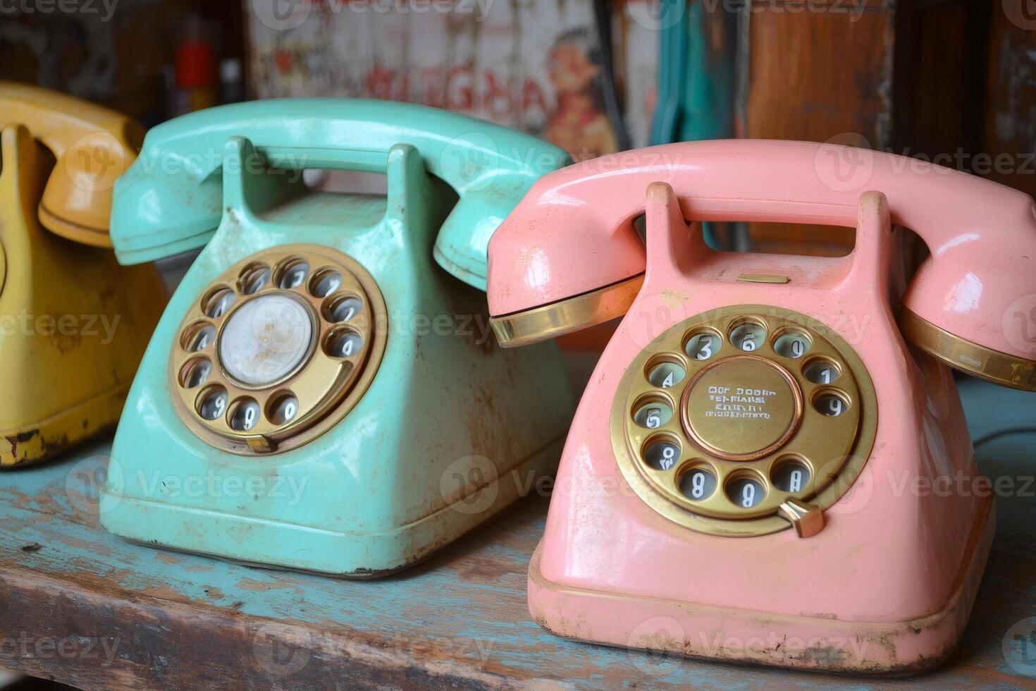 Retro rotary phones resting on wooden shelf, displaying vintage charm photo