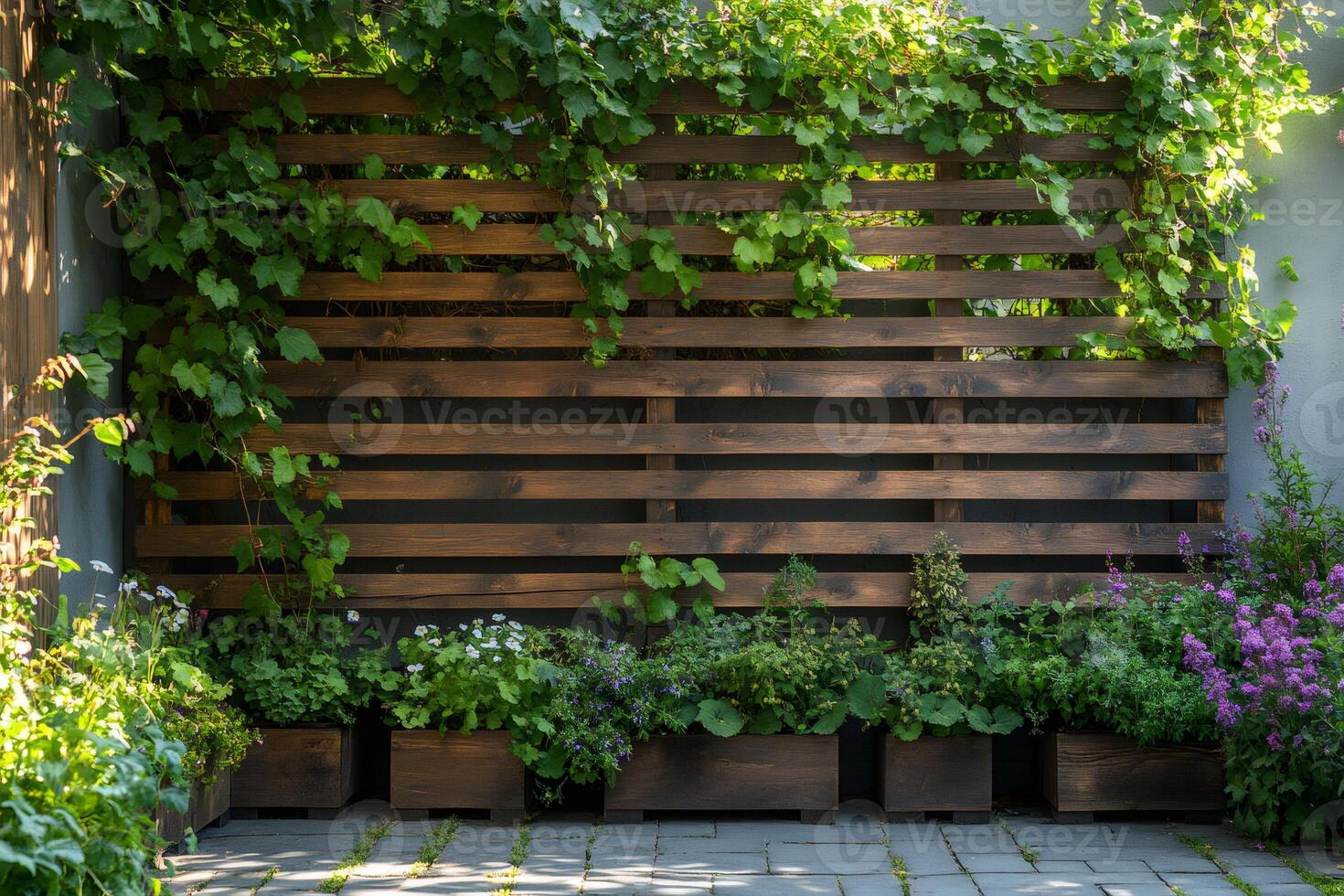 Climbing plants growing on wooden trellis in modern garden photo