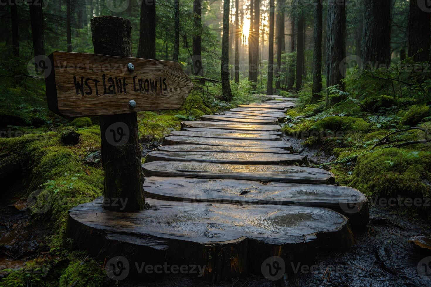 Wooden path leading to west lane covered in moss in a forest at sunset photo