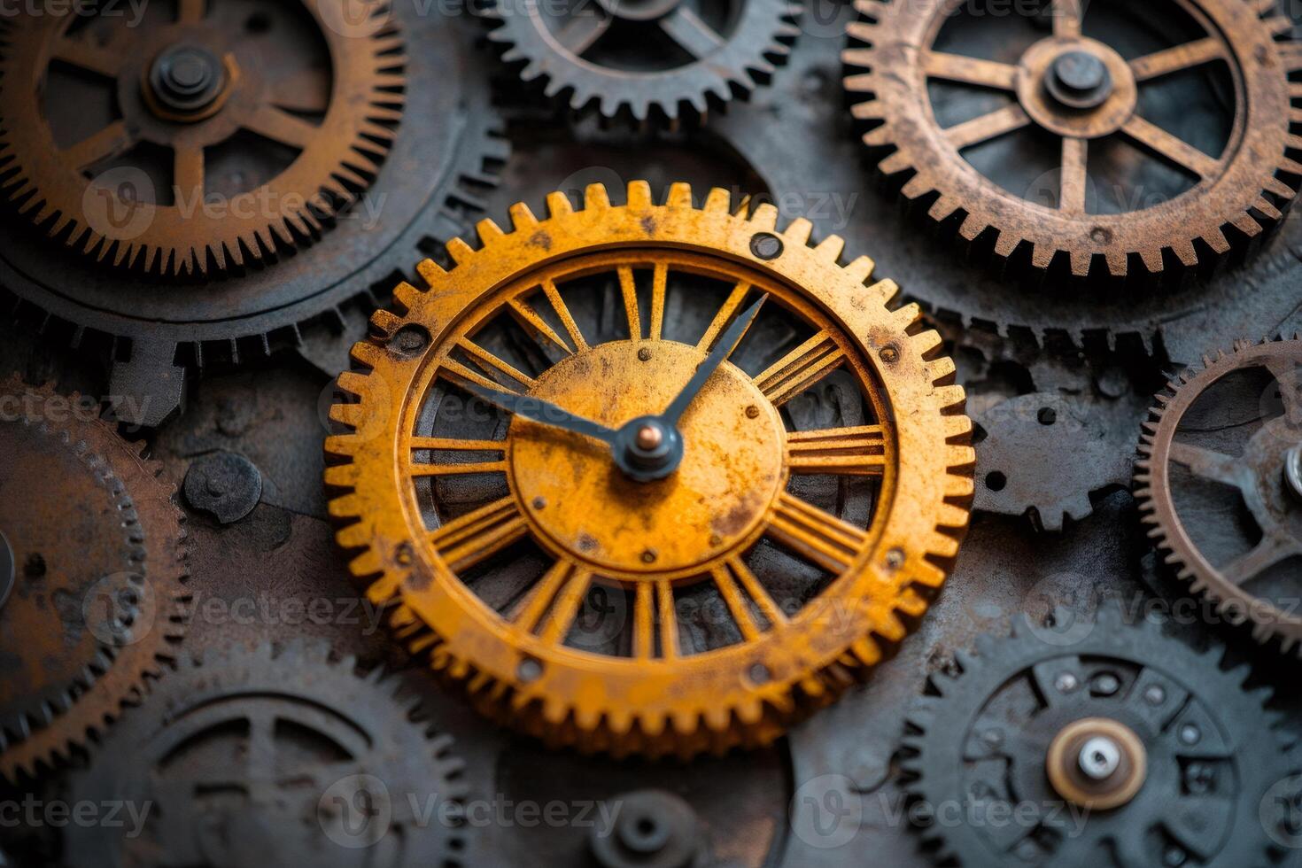 Golden clock showing time while interacting with industrial gears photo