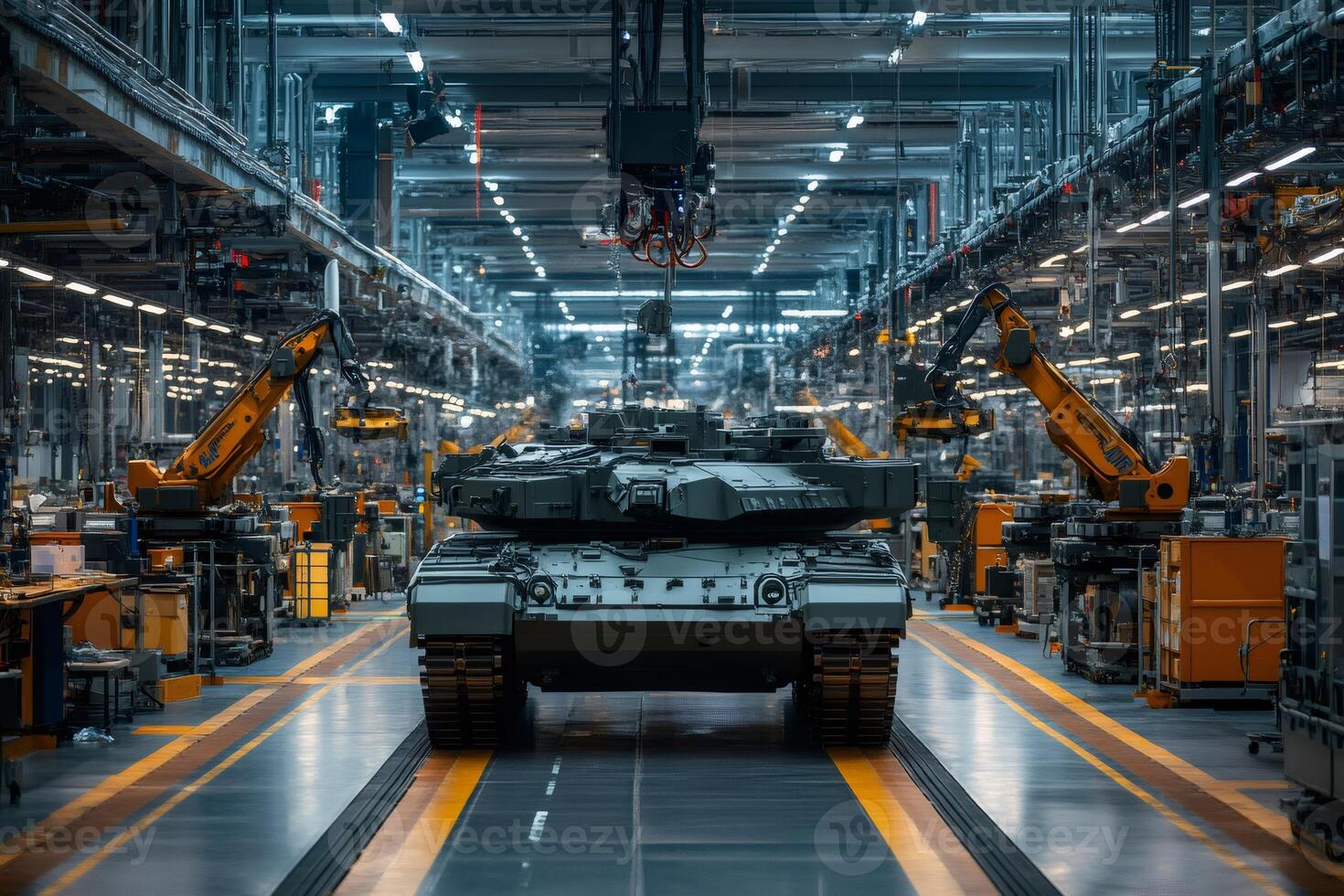 Robotic arms assembling modern tank in factory photo