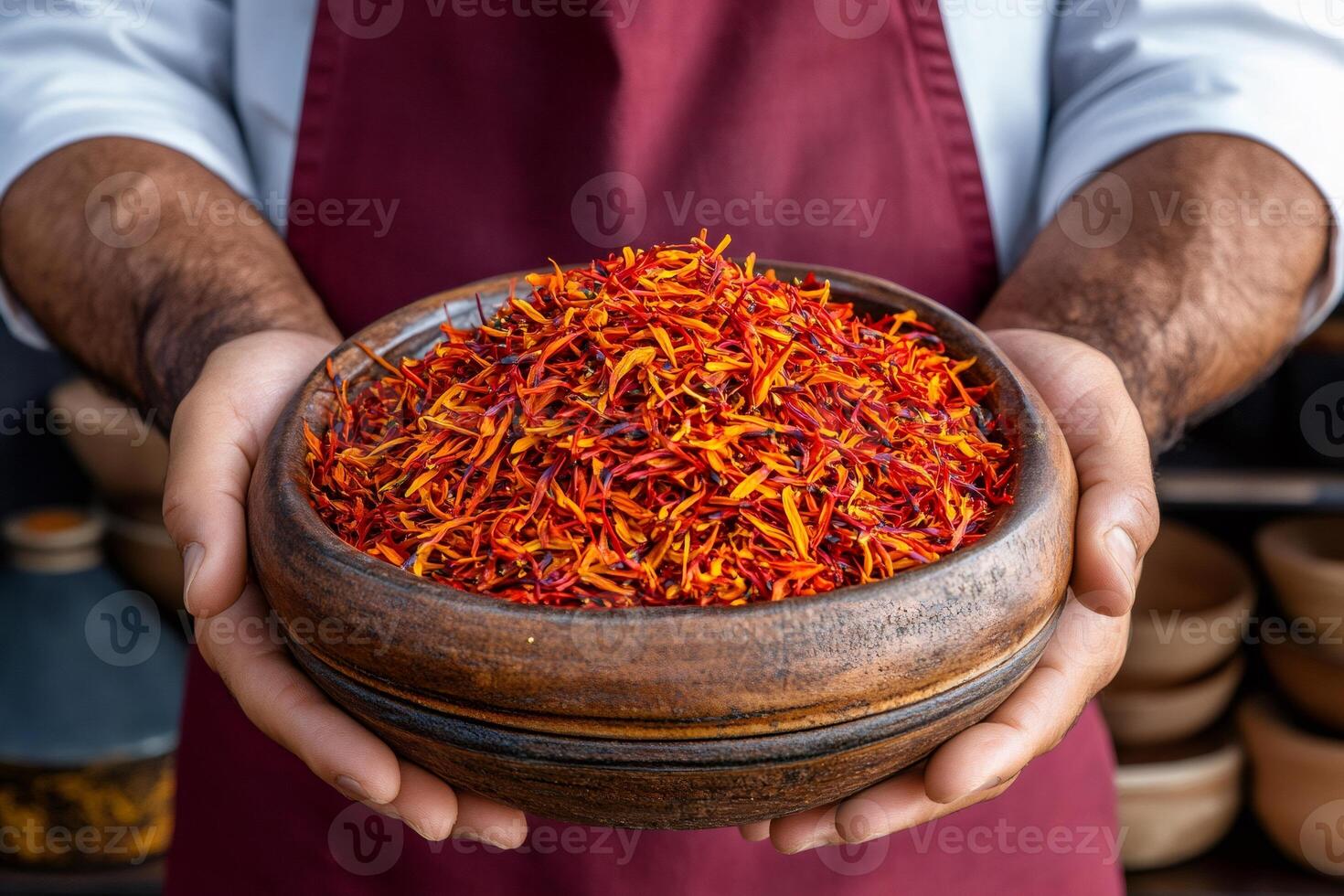 Chef holding bowl of saffron spice in traditional market photo