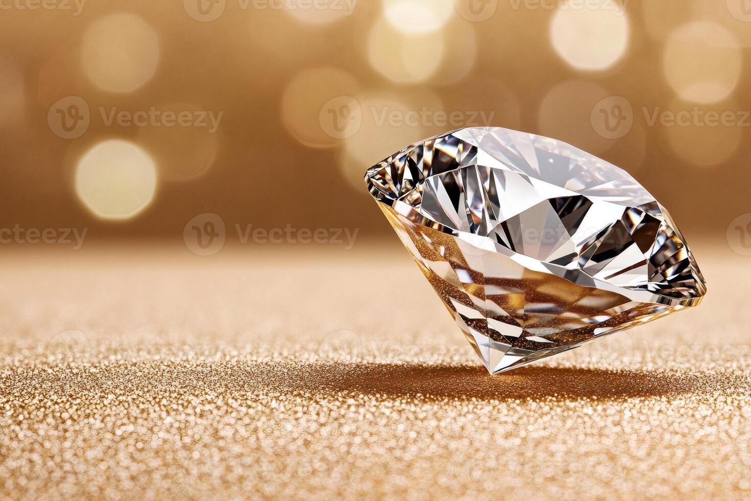 Large diamond shining on gold glitter background with bokeh effect photo
