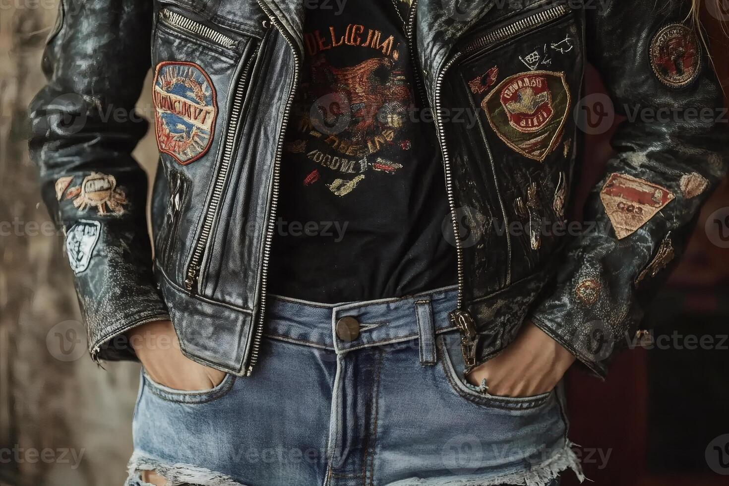 Biker model wearing leather jacket and denim shorts with hands in pockets photo
