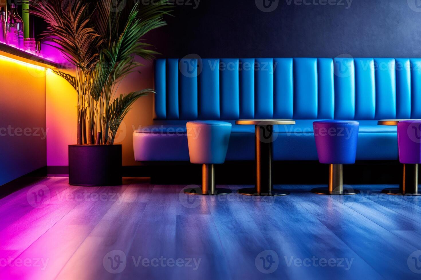 Empty lounge bar interior design with blue sofa and colorful stools photo