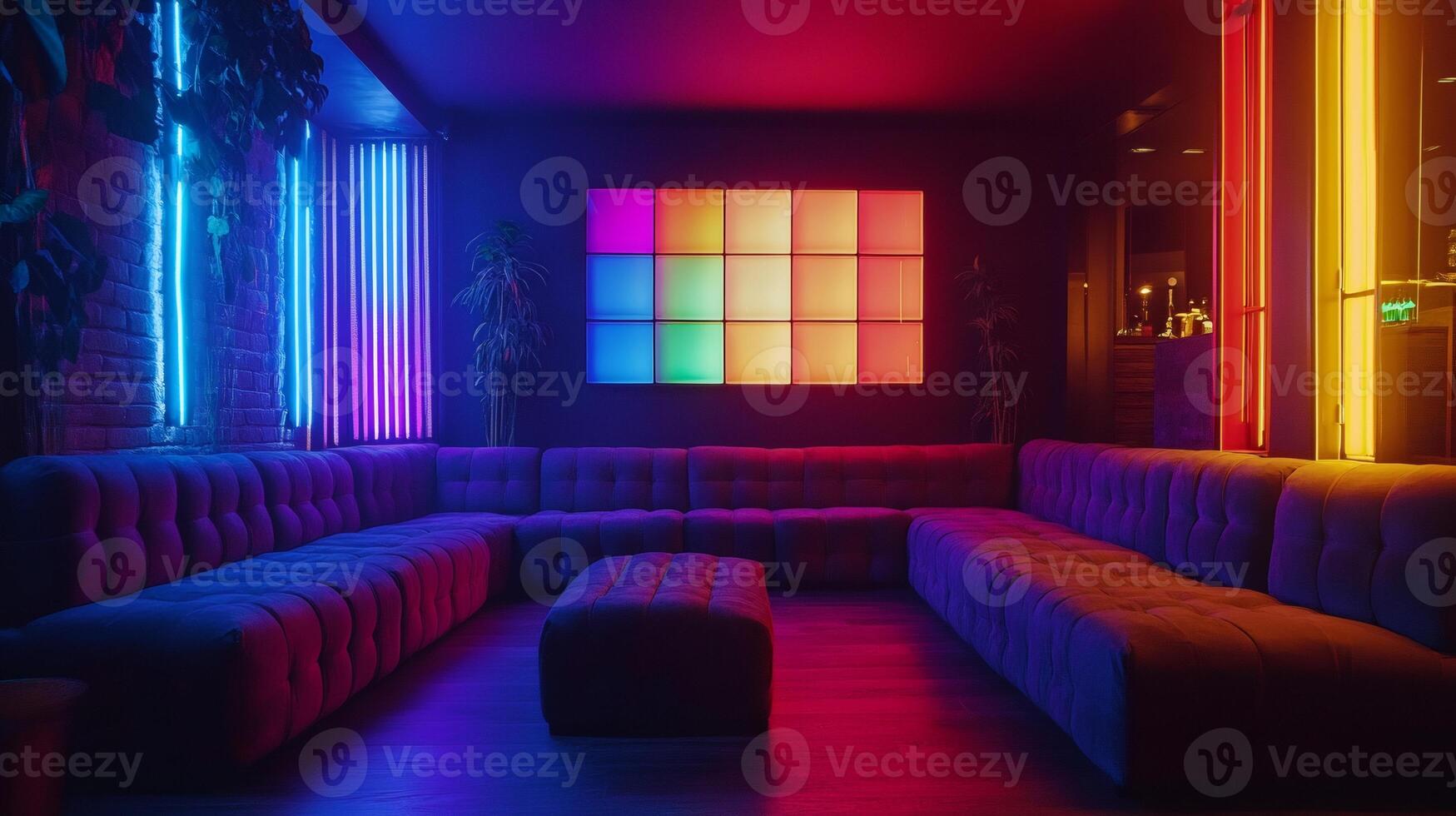 Empty lounge bar interior design with colorful neon lights and brick wall photo