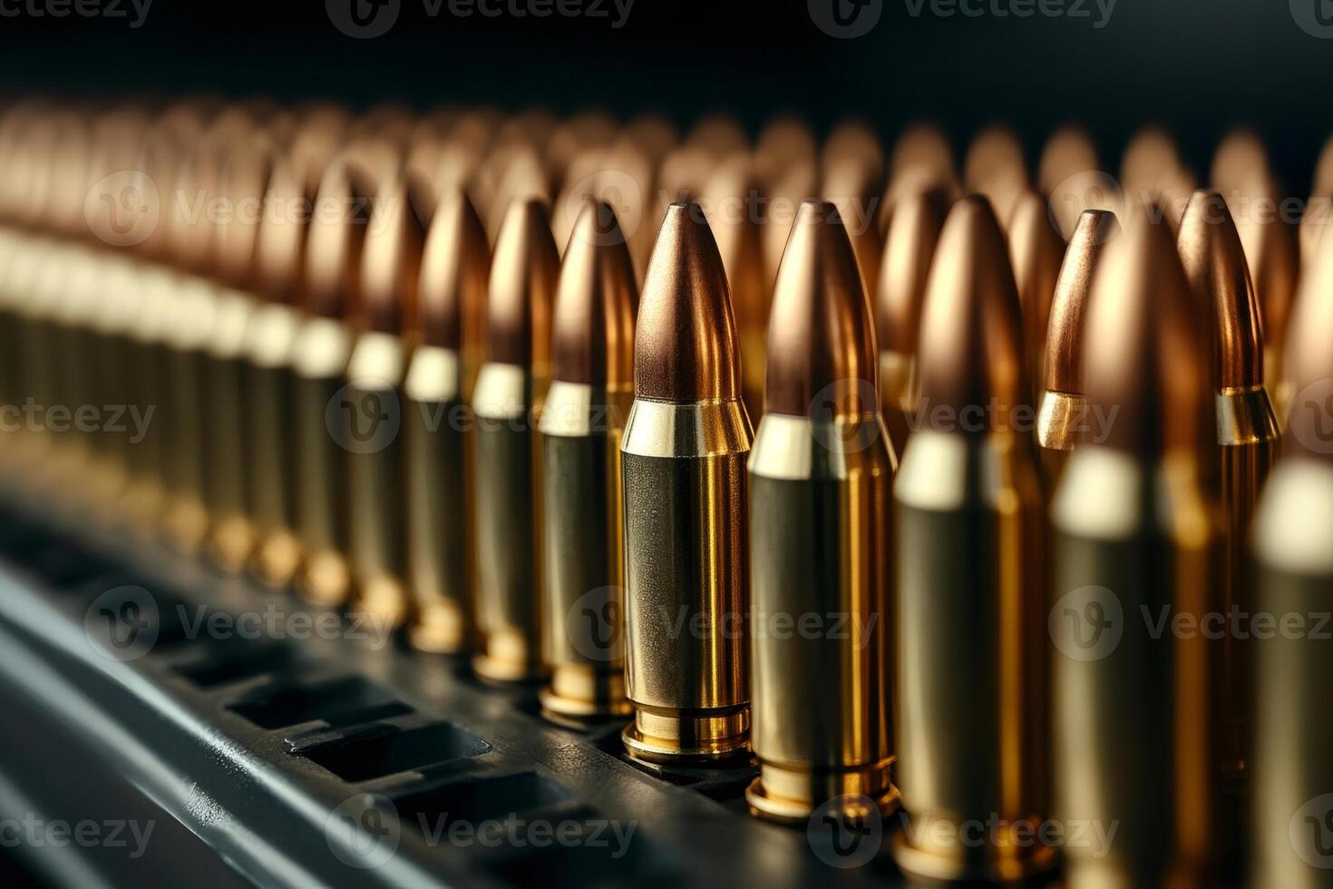 Many 9mm bullets standing ready for action in a row photo