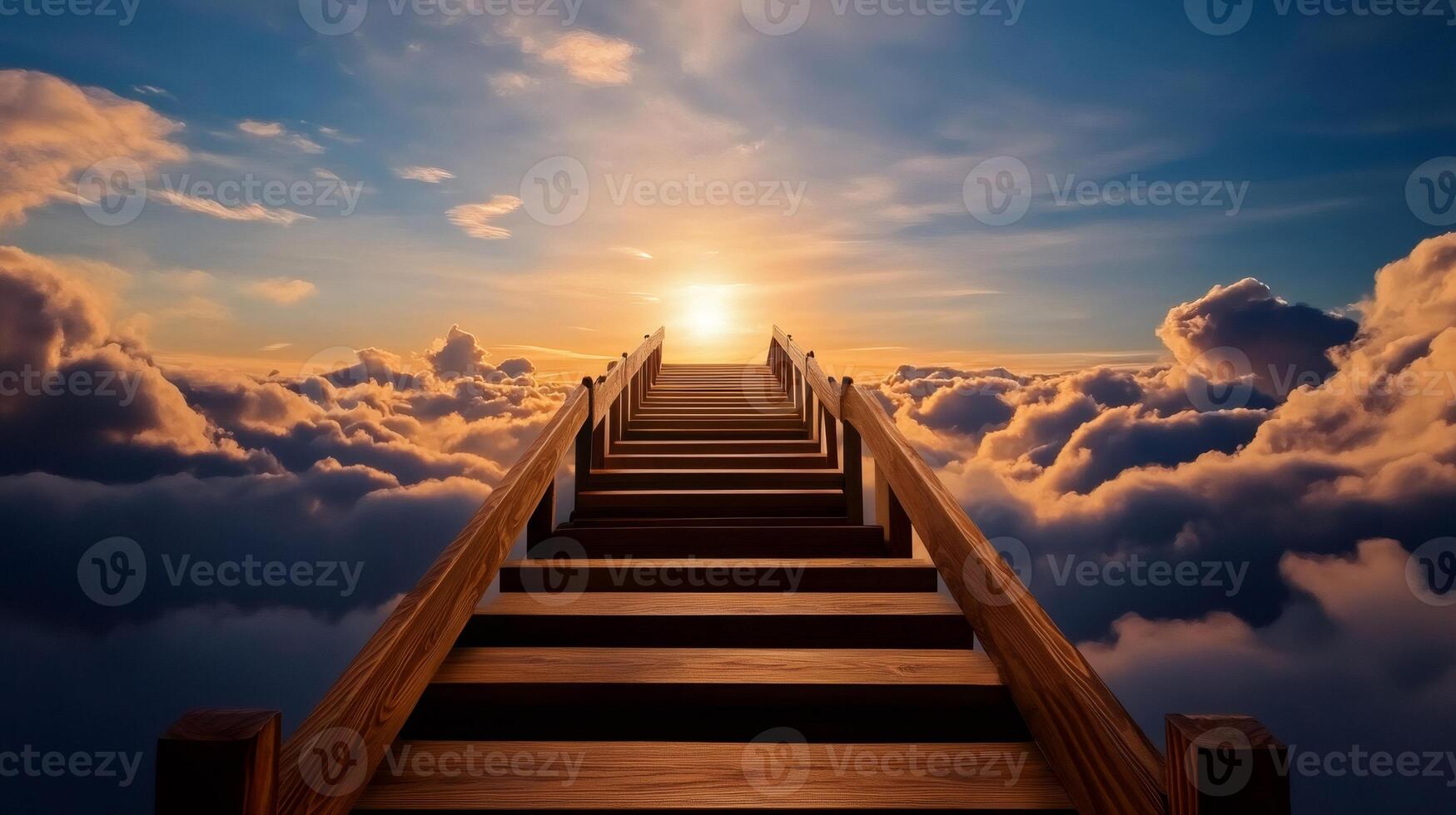 Stairway to heaven leading above clouds at sunset photo