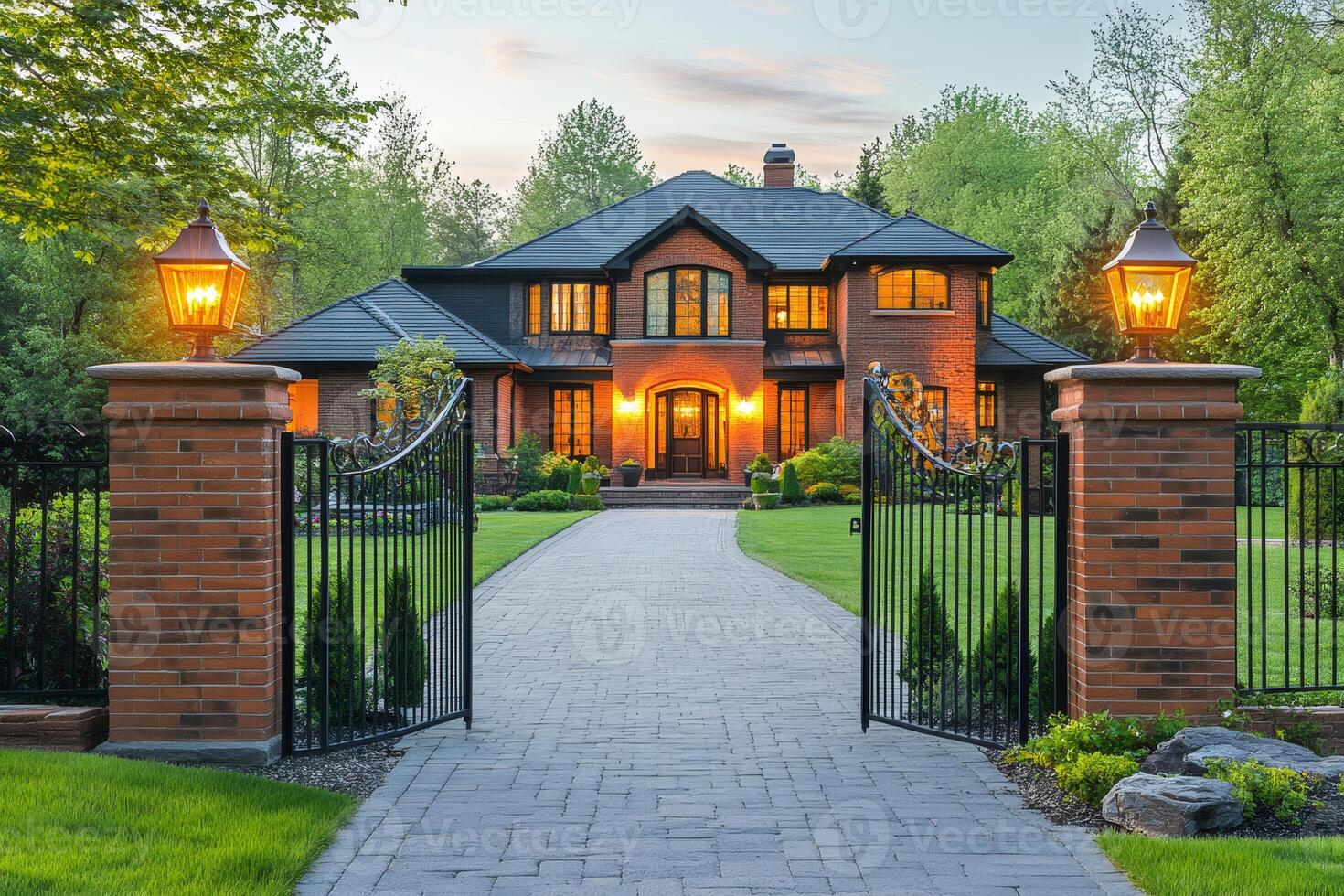 Gated brick house with driveway and landscaping illuminated at dusk photo