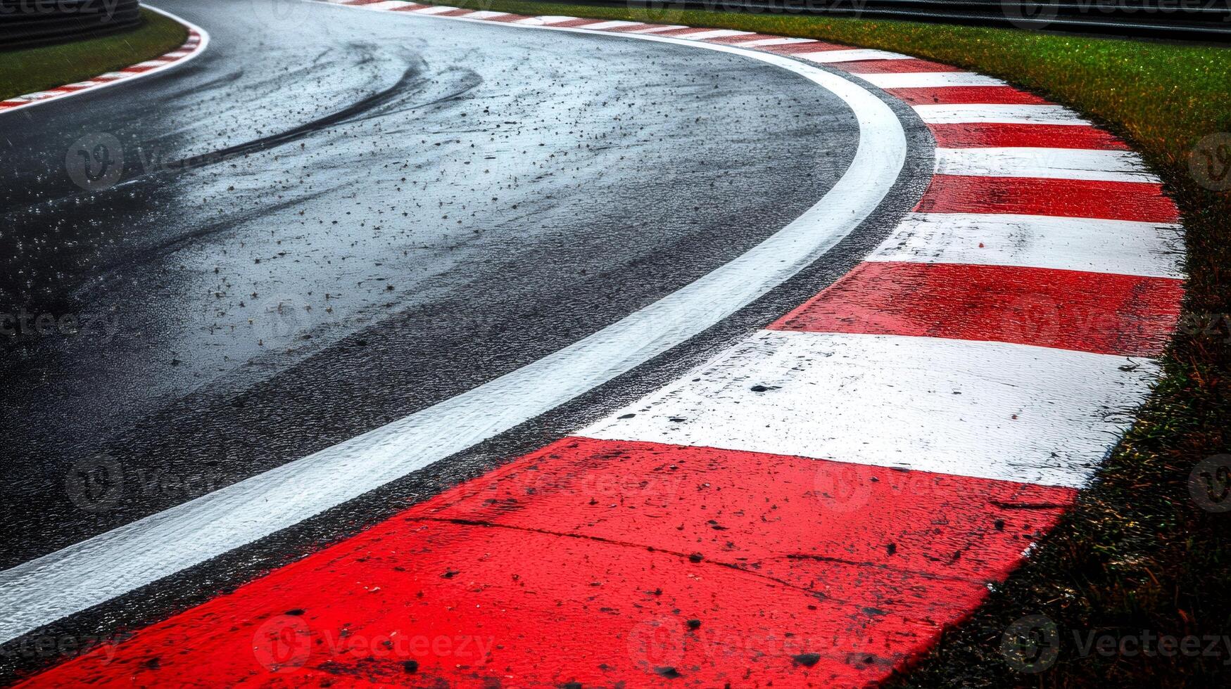 Wet asphalt of a racing track with red and white kerbs photo