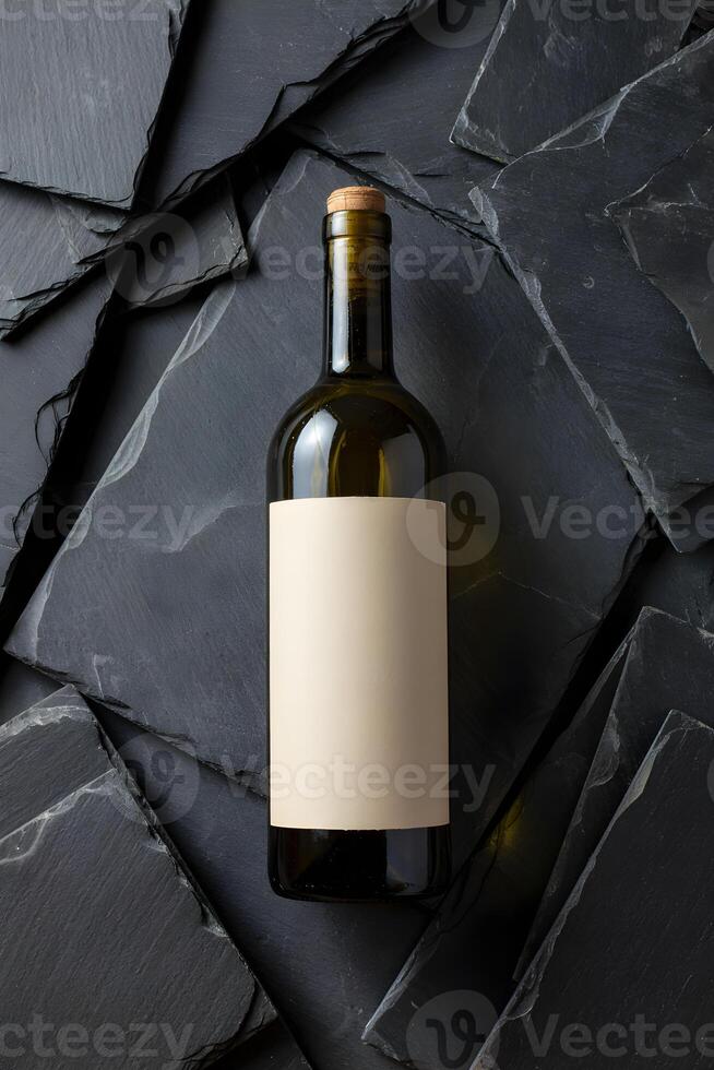 Wine bottle lying on dark stone tiles with blank label for customization photo