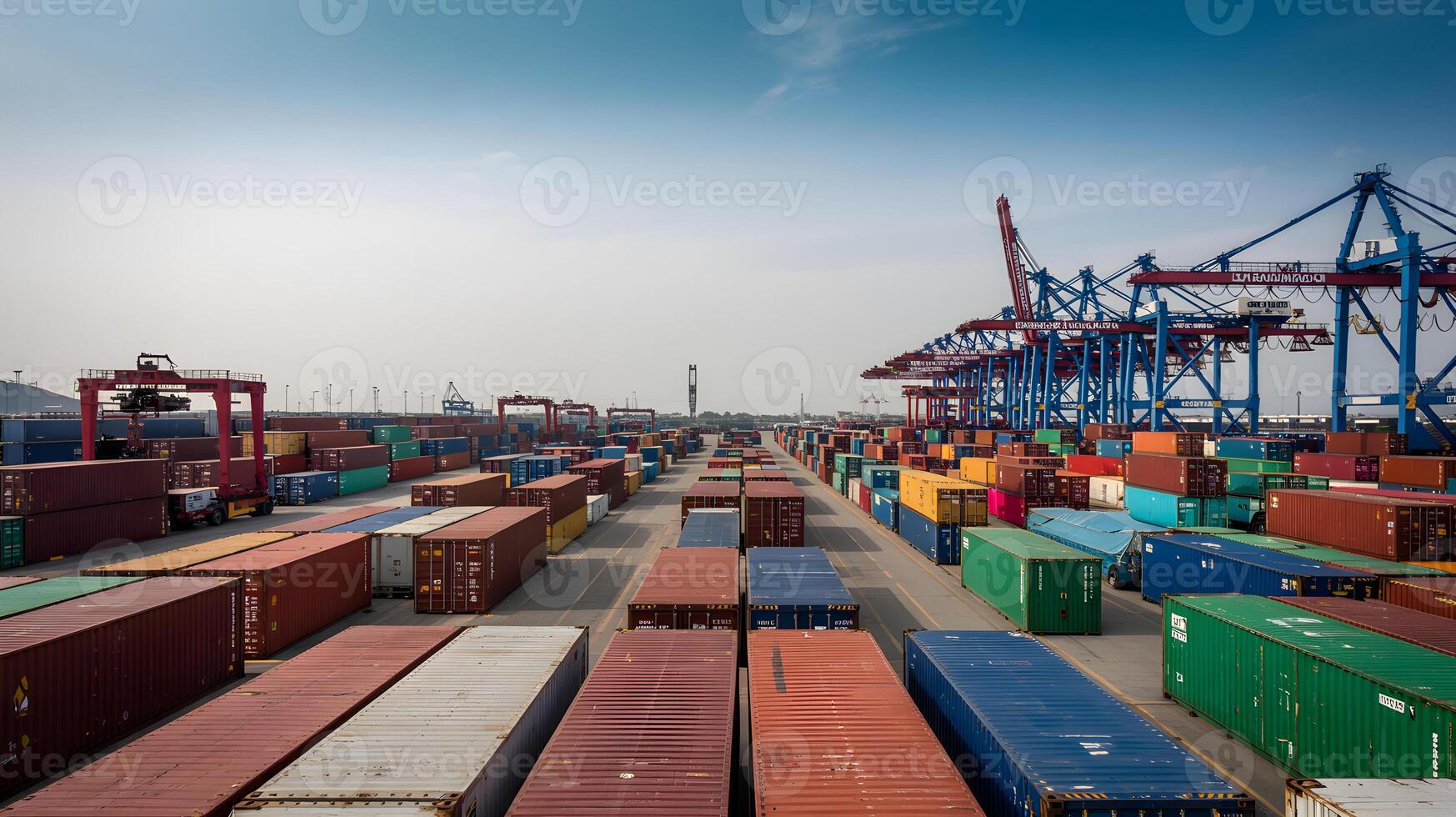 Cargo containers stacked in busy port awaiting shipment photo