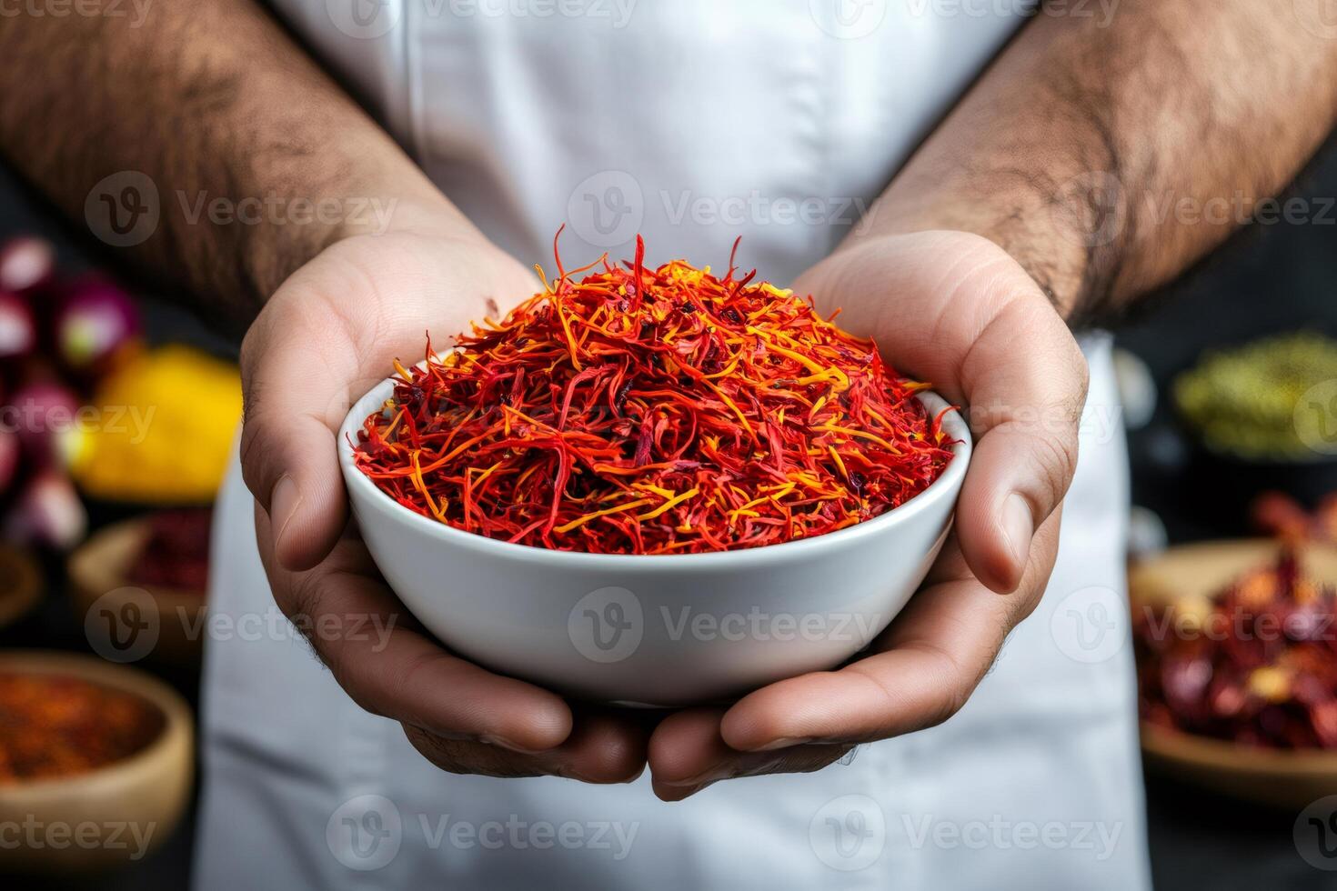 Chef holding bowl of saffron with various spices in background photo