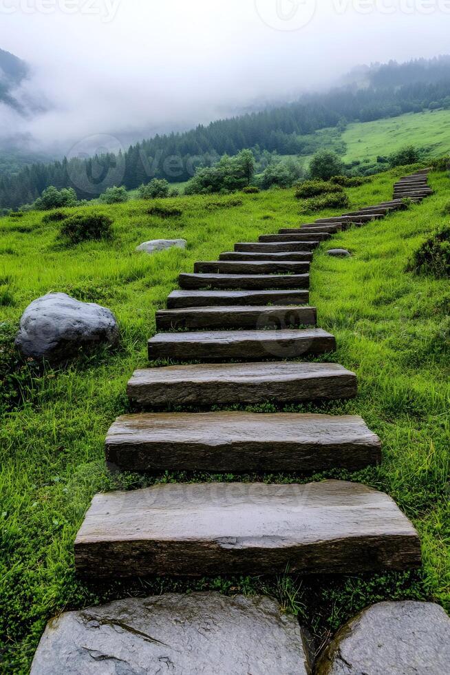 Stone steps leading through green meadow towards misty forest photo