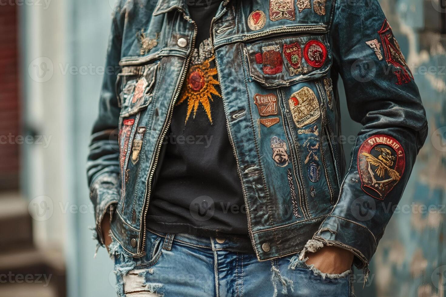 Musician wearing customized denim jacket with patches and ripped jeans photo