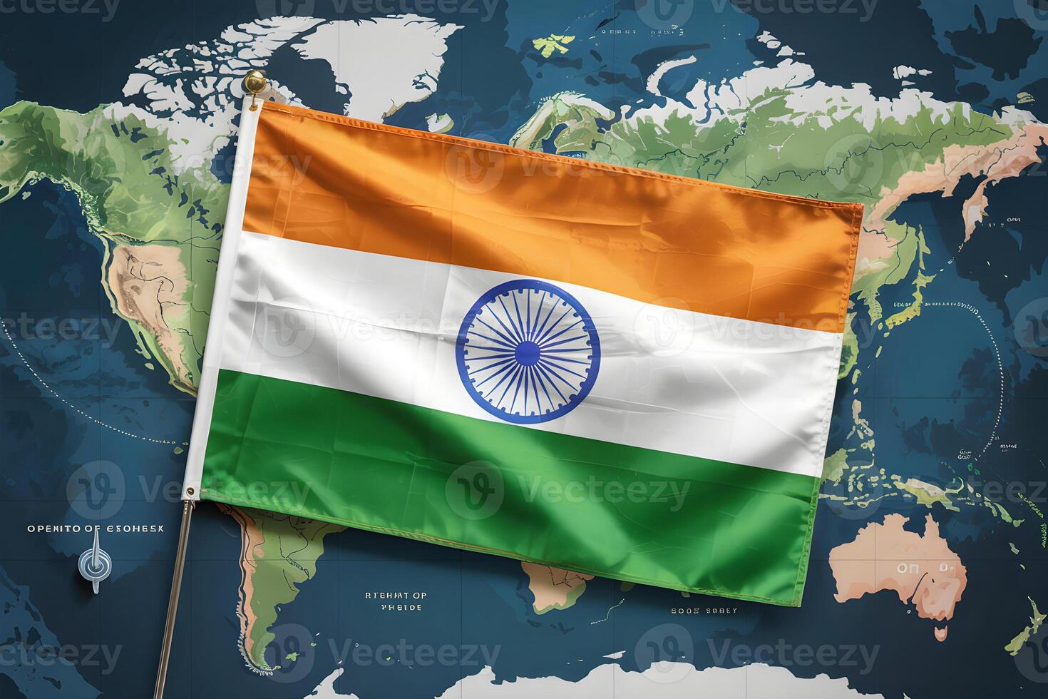 Indian flag waving over world map representing global presence photo