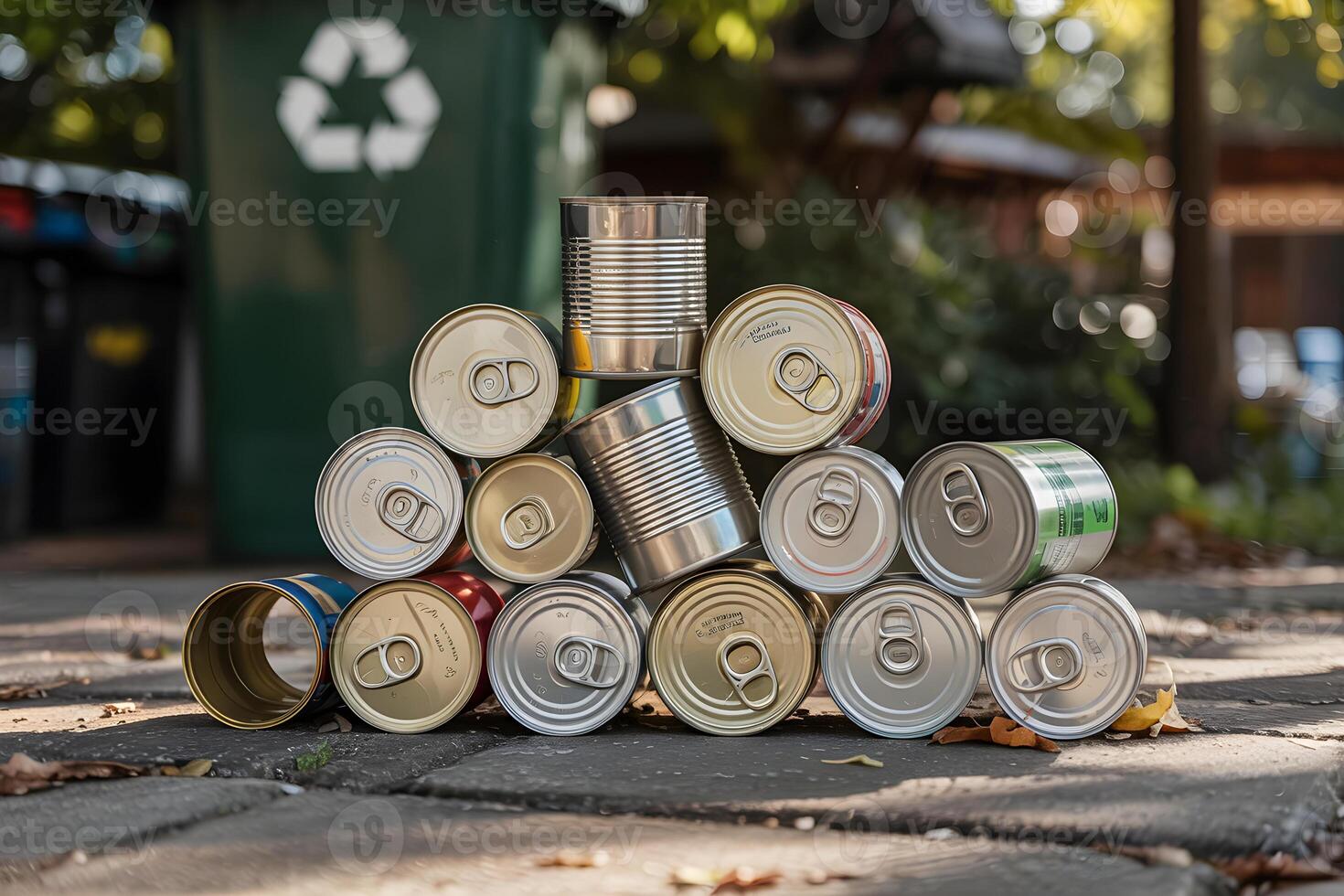 Stack of empty cans ready for recycling in front of green bin photo